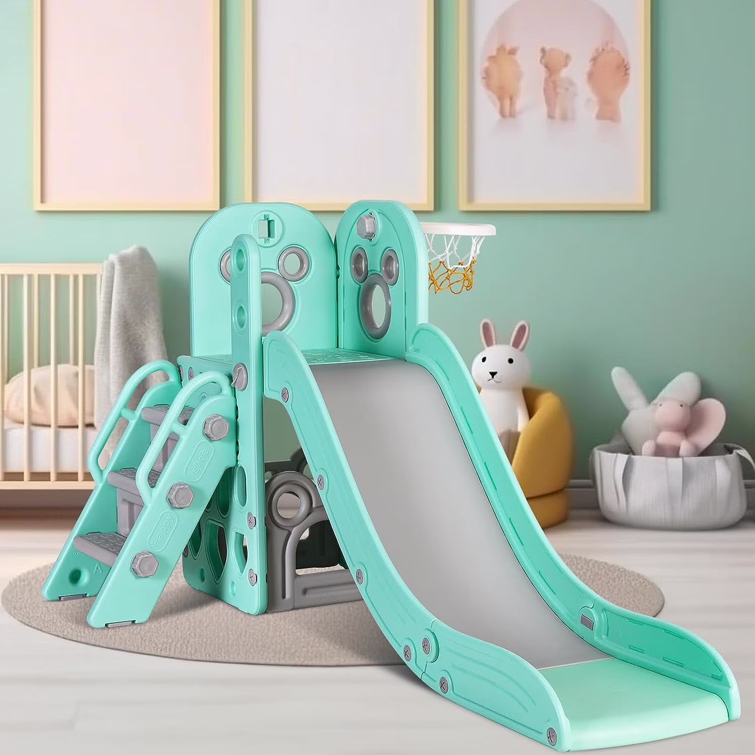 Sturdy Toddler Slide with Basketball Hoop Plastic Kids Slide Climber with Anti-Slip Steps Indoor Outdoor Children Toy Playground(Blue) - Image 3