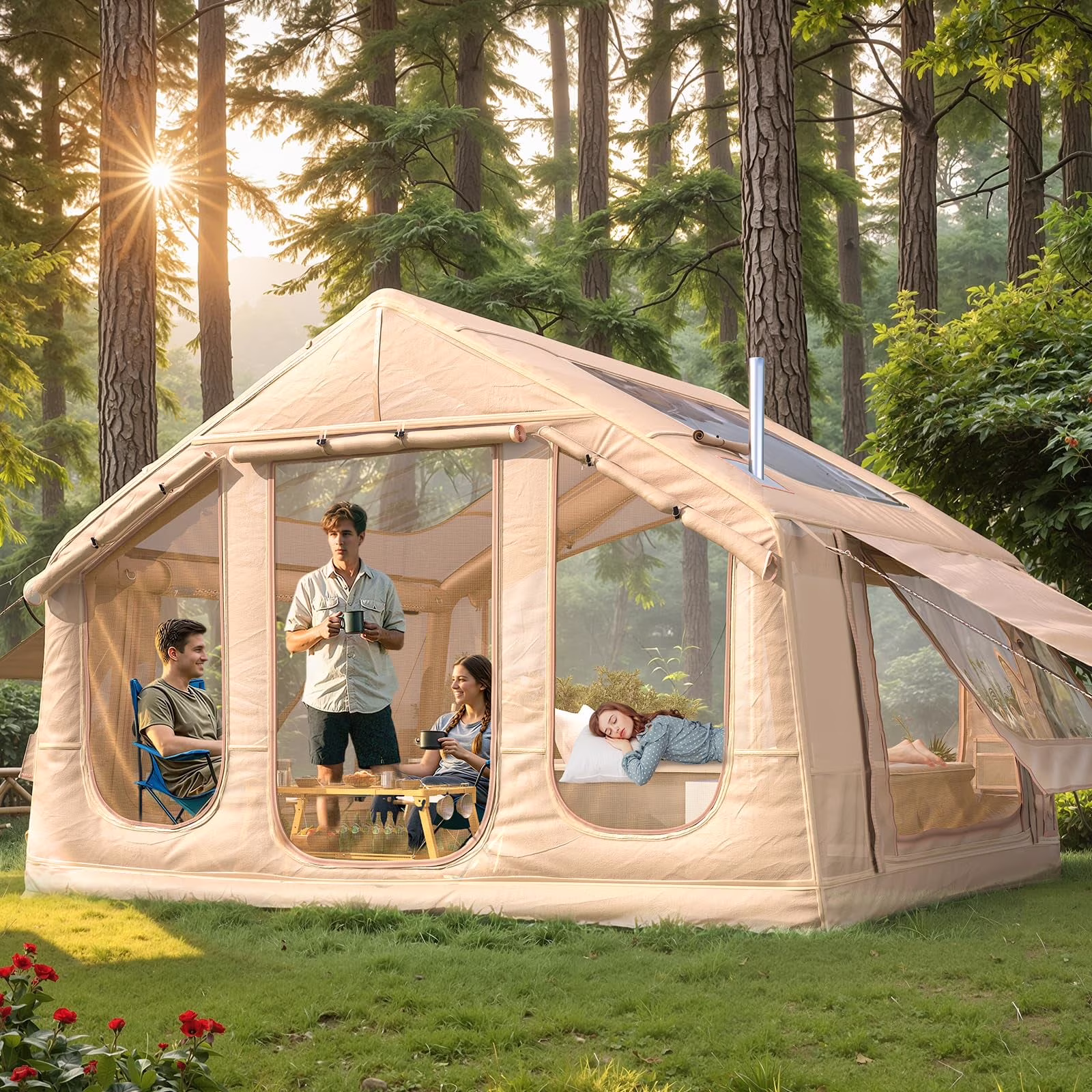 12'x8' Inflatable Tent, 96 SFT Blow Up Tent for Camping, 4 Season Oxford Glamping Tents with Clear Skylight, Pump Stove Jack(300D Oxford-Beige + Skylight)