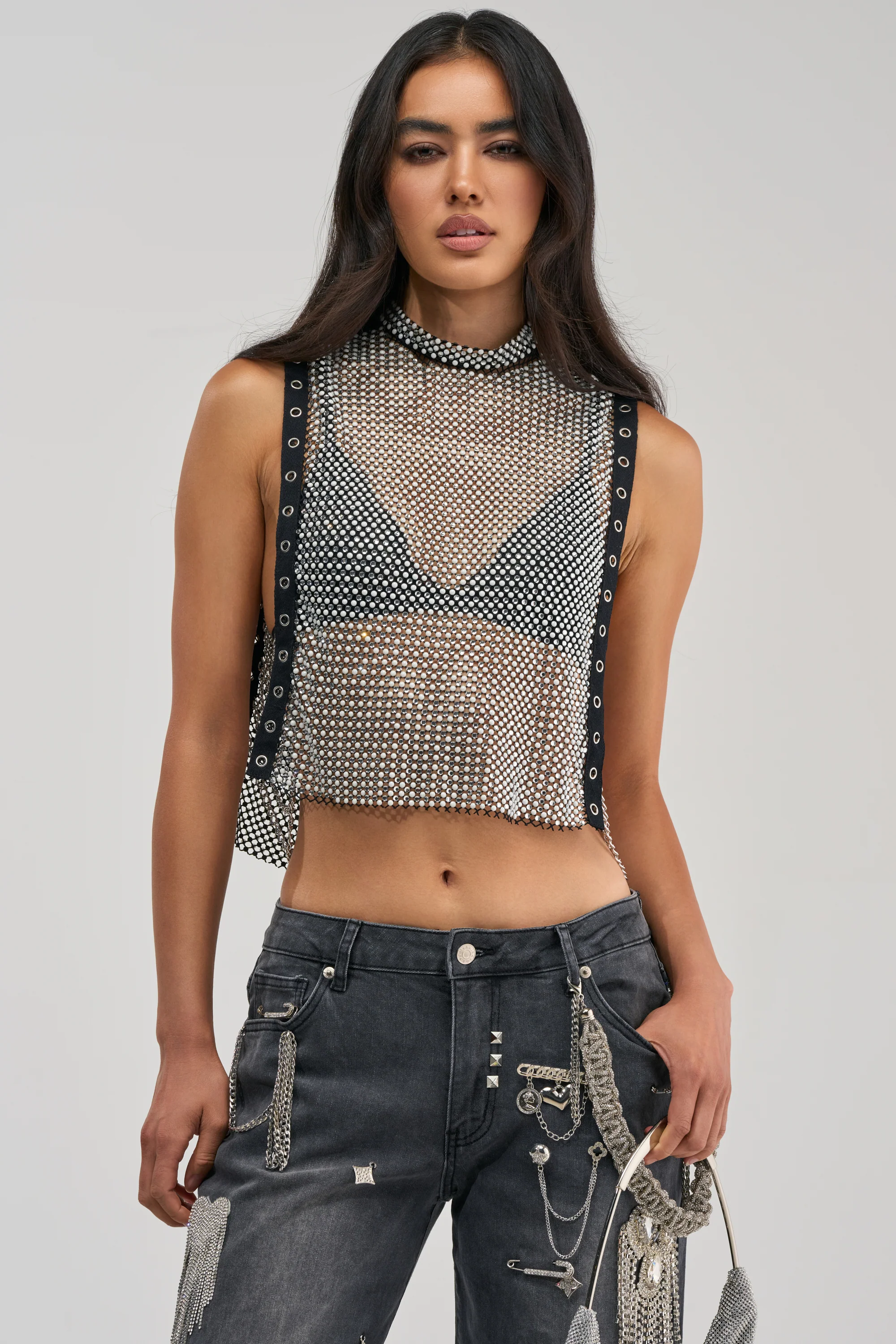 NO CRYING IN THE CLUB RHINESTONE MESH TOP - Akira Store