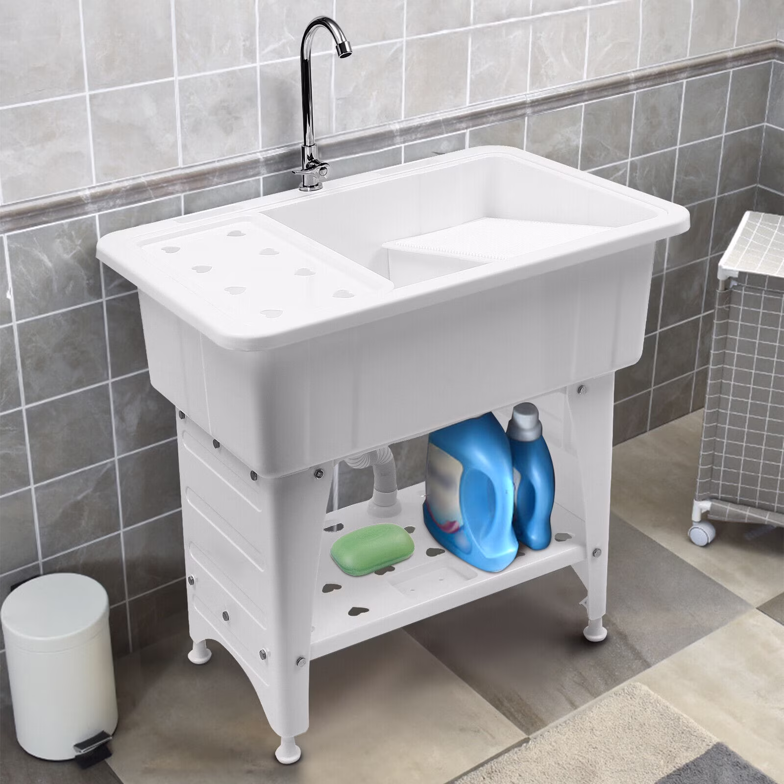 Laundry Sink Freestanding Plastic Indoor and Outdoor Utility Sink with Washboard(1)