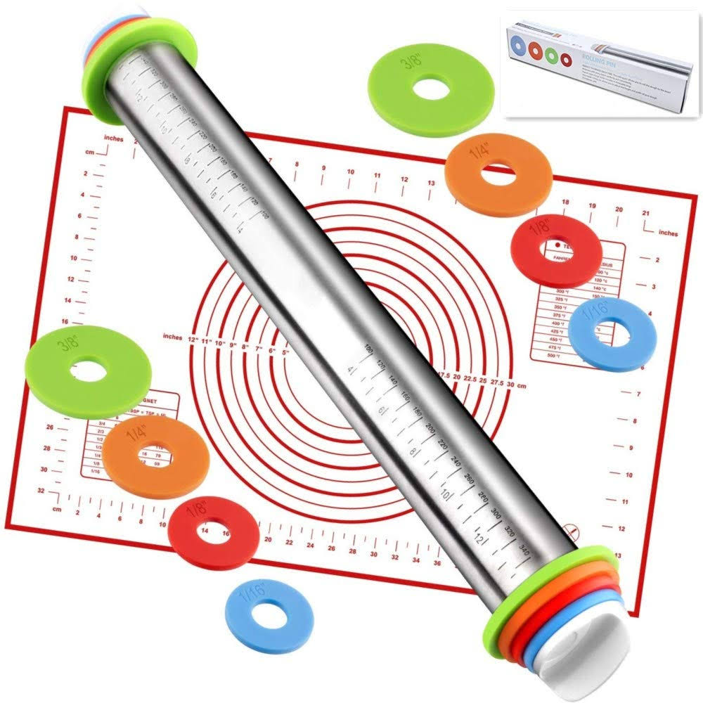 Damuzhi Rolling Pin Nonstick and Silicone Baking Pastry Mat Combo Kit, Adjustable Rolling Pin with Thickness Rings, Rolling Pin for