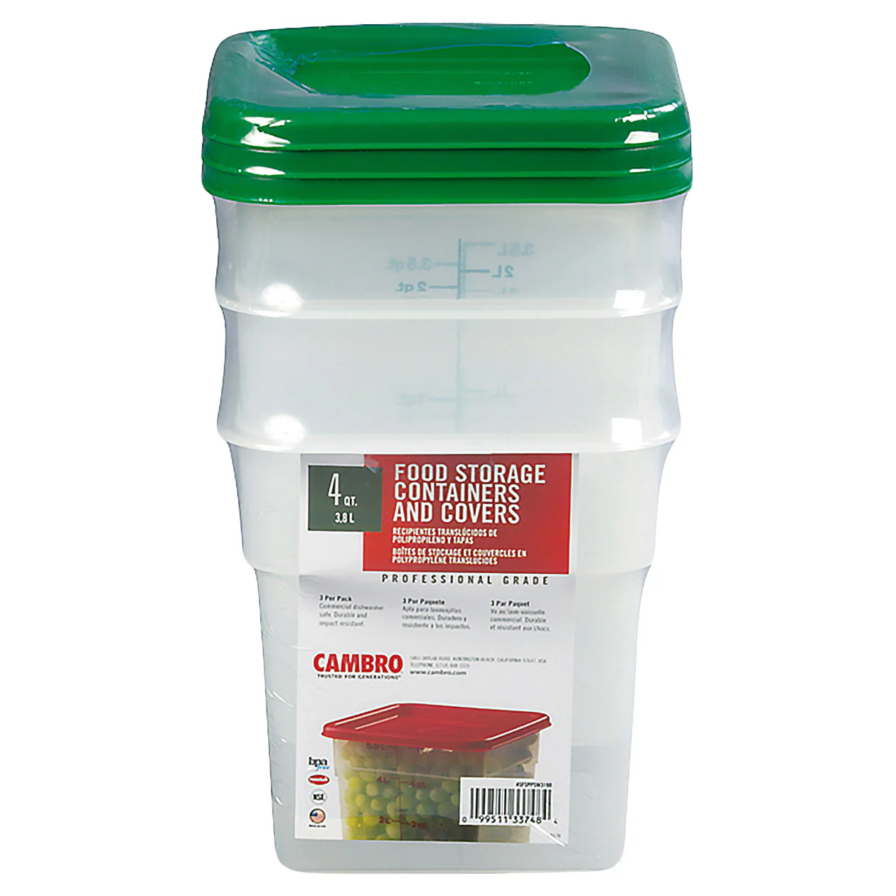 Cambro Square 4-Quart Food Storage Container with Lid, 3-count