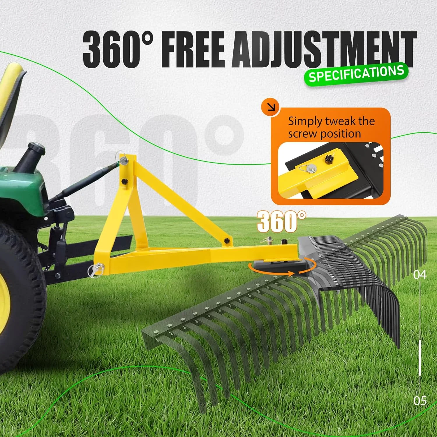 60In Landscape Rake 3 Point Rake 360 Degree Rotation Compatible with Category 1 Cat1 Compact Tractors Tow-Behind Garden Tool for Garden Farm Clearing Brush Raking Arenas 2 Package Yellow - Image 5