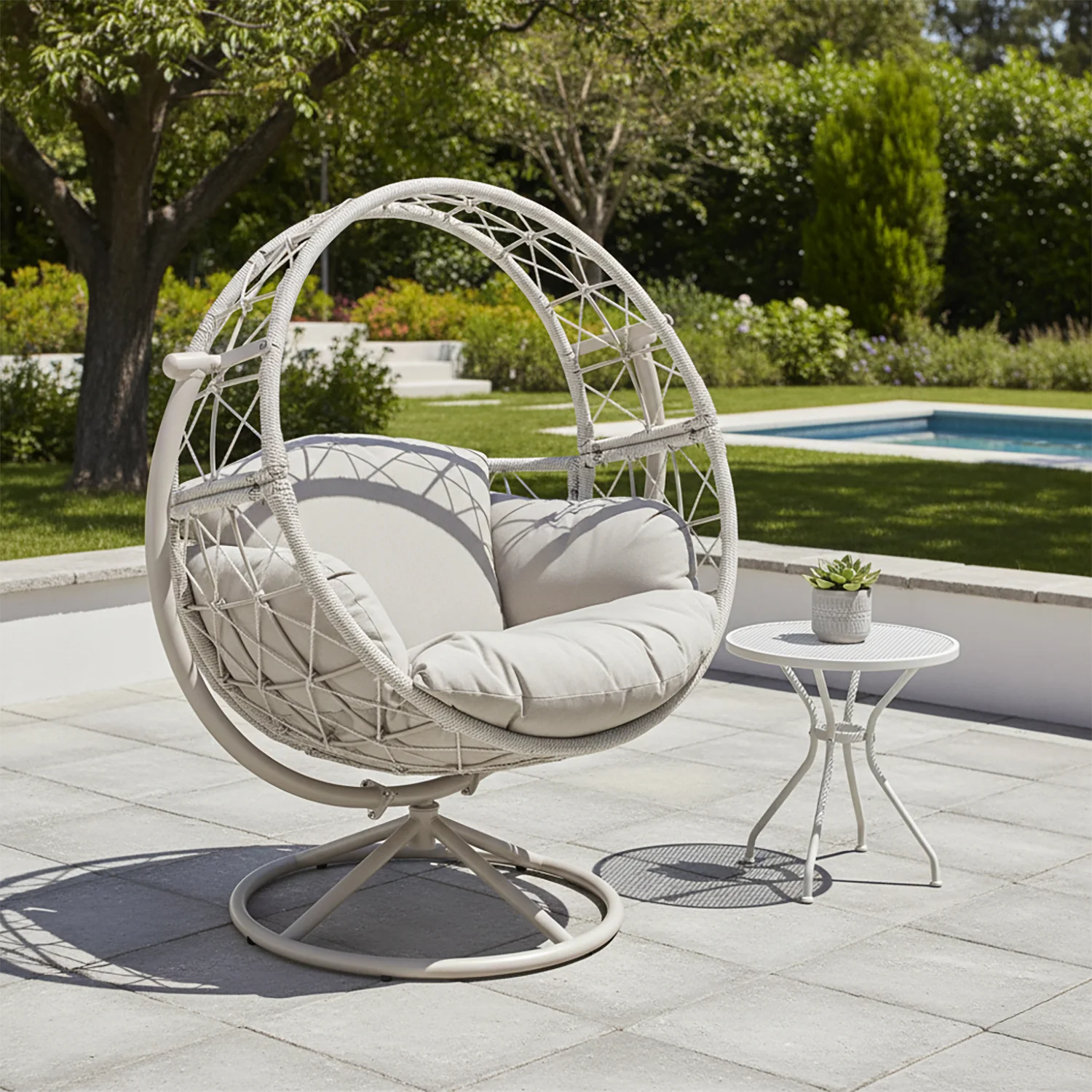 VESTIAMO CASA GIARDINO - Poltrona Dondolo da Giardino in acciaio con rivestimento Effetto Rattan Ècru e cuscini inclusi - h142x124x90 cm