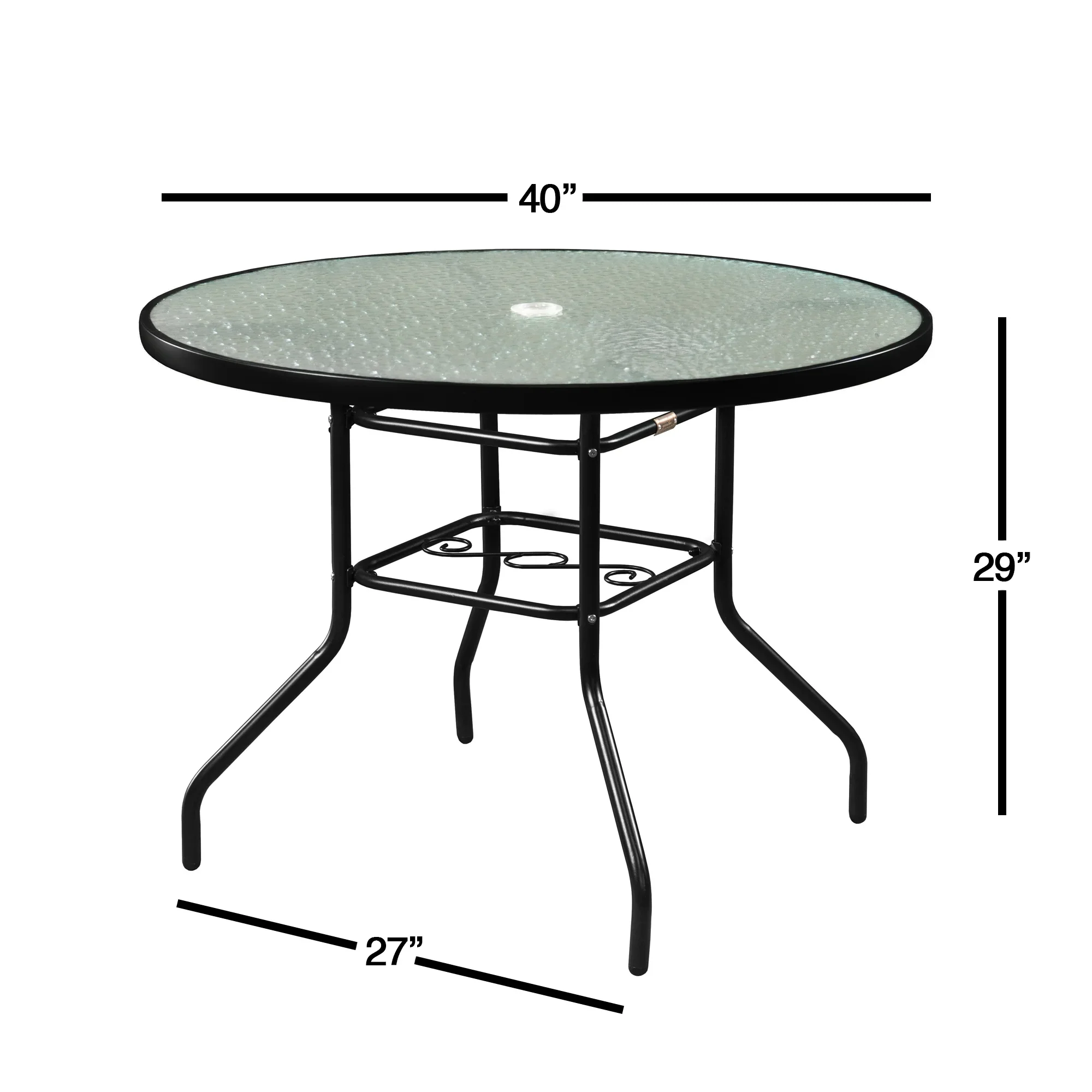 Garden Elements Outdoor Round Patio Dining Table, Steel Base and Rim with Waterwave Glass Top, Black, 40