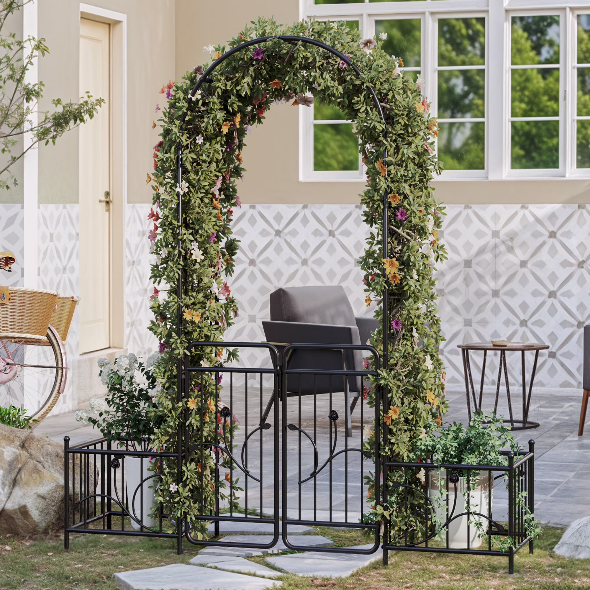 Uforic 87 Metal Garden Arbor Arch with Gate and Planter Boxes, Garden Trellis for Climbing Plants, Patio Wedding Party Lawn Arches Decoration, Black