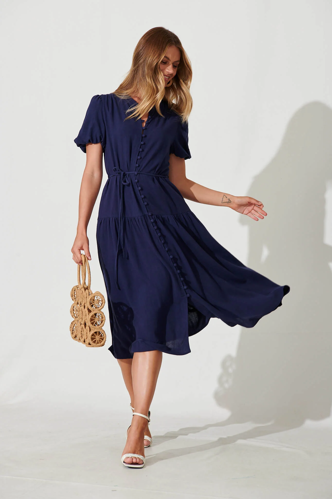 Everyday Midi Dress In Navy Linen Blend