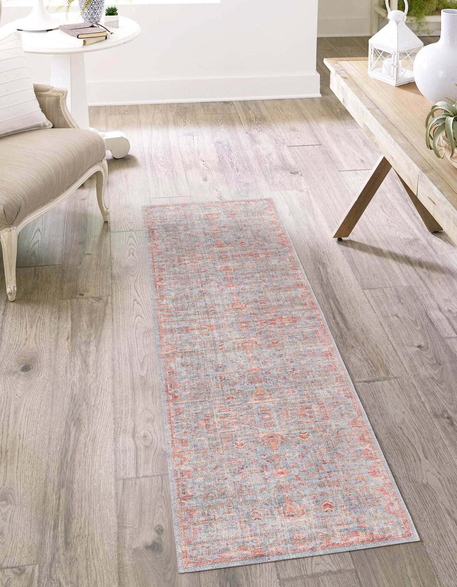 Unique Loom Wasahable Nostalgia 5 ft Runner Blue Floral Area Rug
