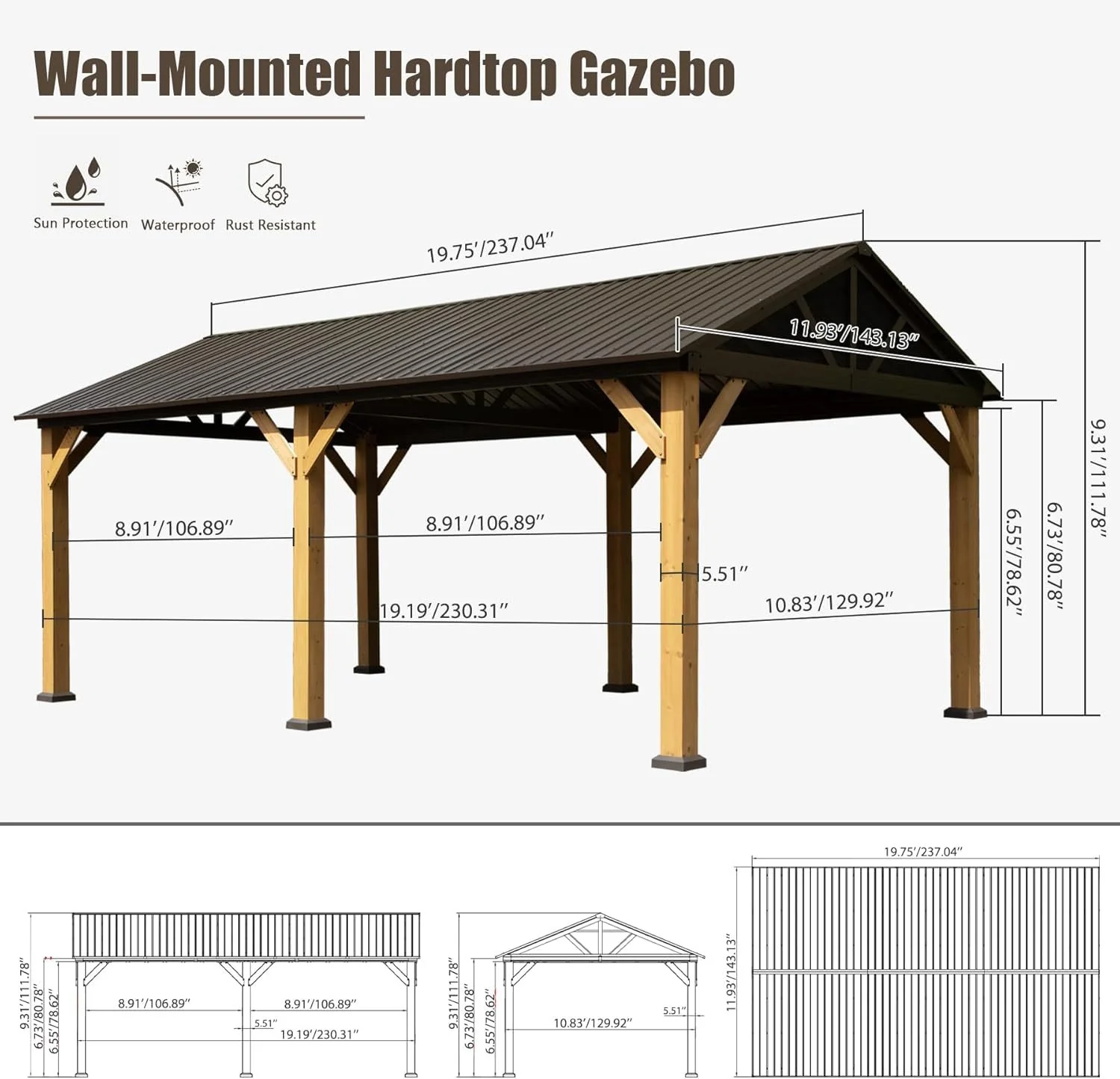 AECOJOY 12'x20' Wood Gazebo, Cedar Frame Hardtop Gazebo with Galvanized Steel Roof, Netting & Curtains