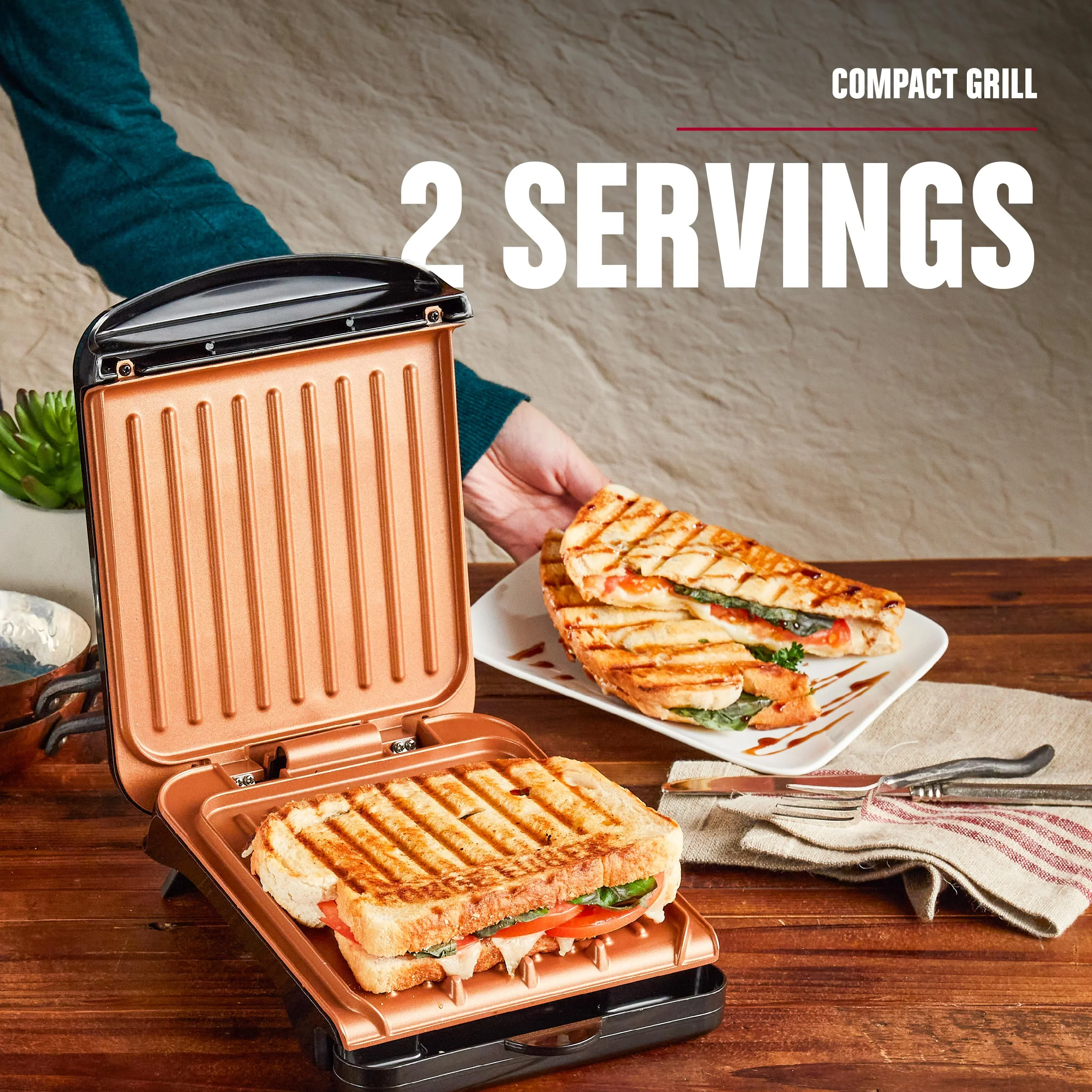 Foreman Electric Indoor Grill and Panini Press, Black with Copper Plates, Serves 2, Classic Plate, GRS040-Series