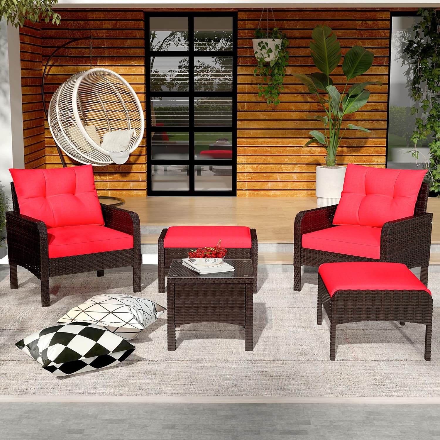 AECOJOY Outdoor 5 Pieces Patio Furniture Set, PE Rattan Wicker Chairs with Ottoman and Table, Brown/Red