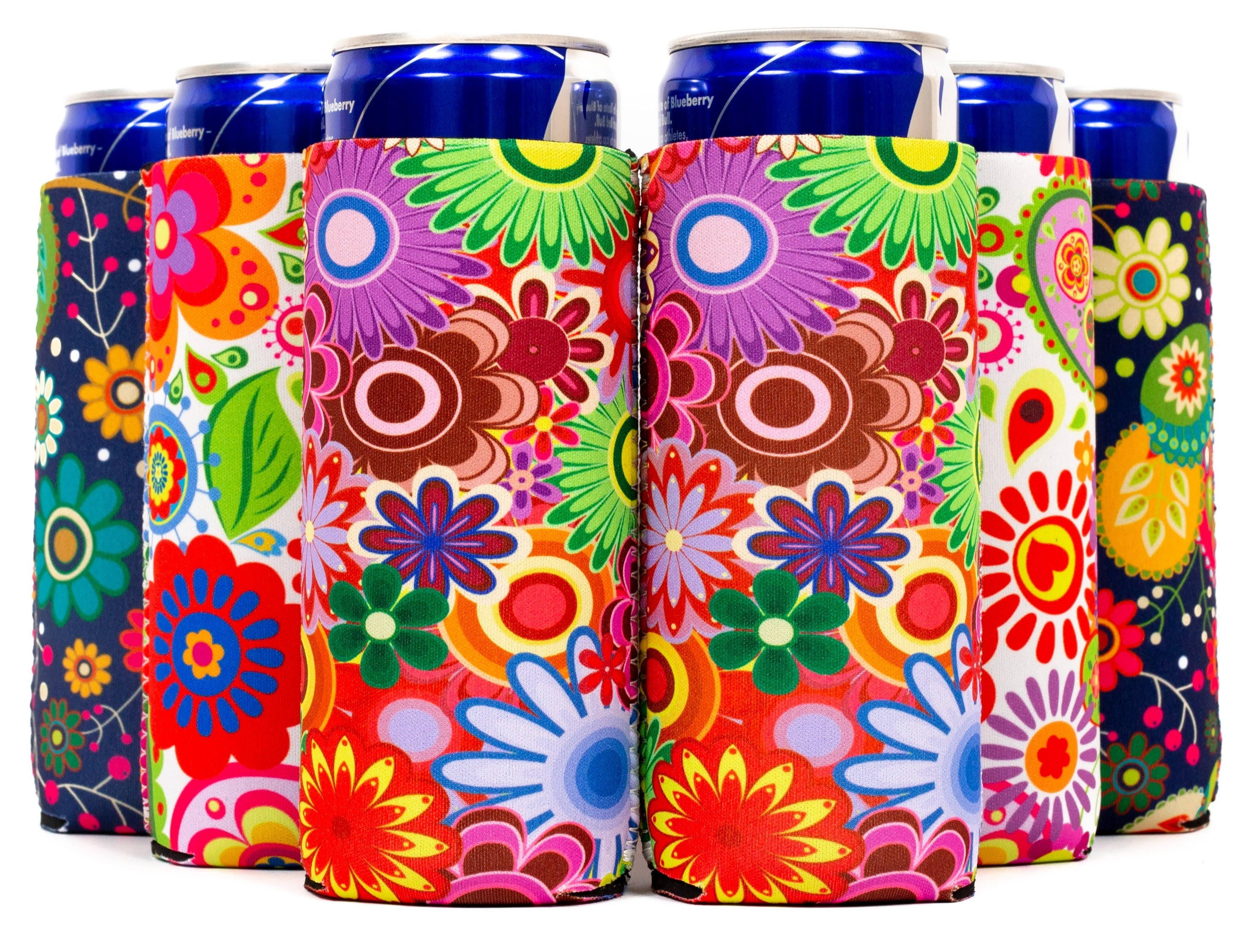 Slim Can Cooler Set of 6 Flowers - Skinny Neoprene Sleeves Compatible with 12oz Slim