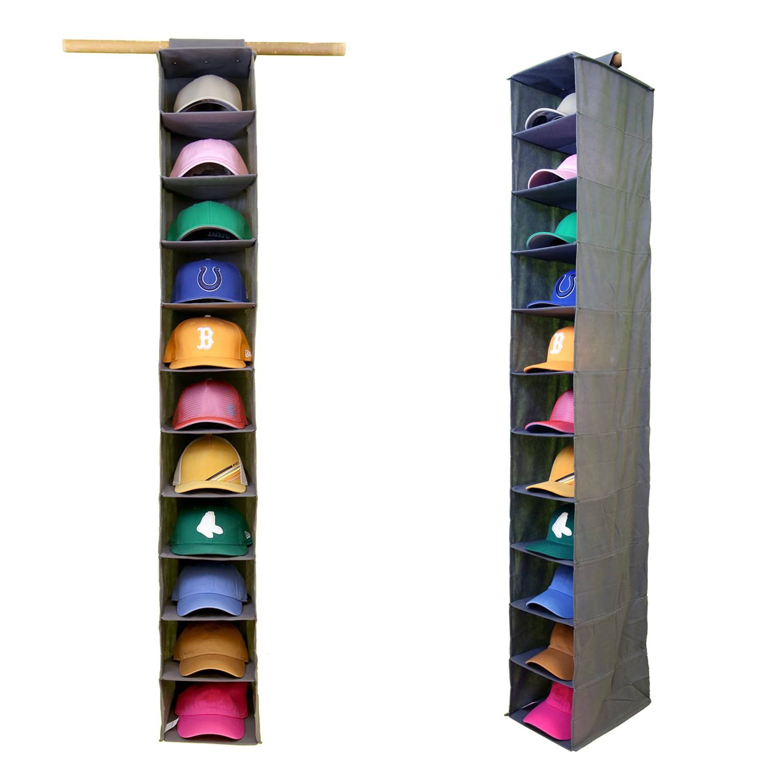 Perfect Curve 11-Pocket Closet Cap Organizer. 11 Shelf Hanging Closet Hat Organizer for Baseball Caps - Hat Storage for Up to 100 Caps - Baseball