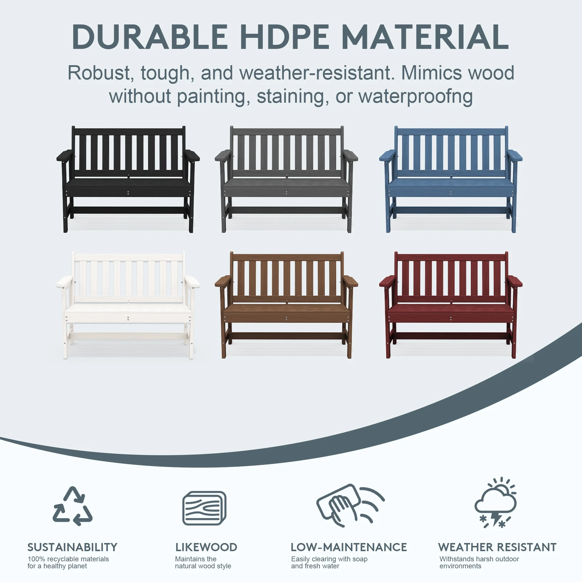 Outdoor Bench for 2-Person, Weather-Resistant HDPE with Aluminum Reinforcement, Supports 660 lbs, Comfortable Seating for Patio, Garden, and Porch, Black(Black/Single) - Image 2
