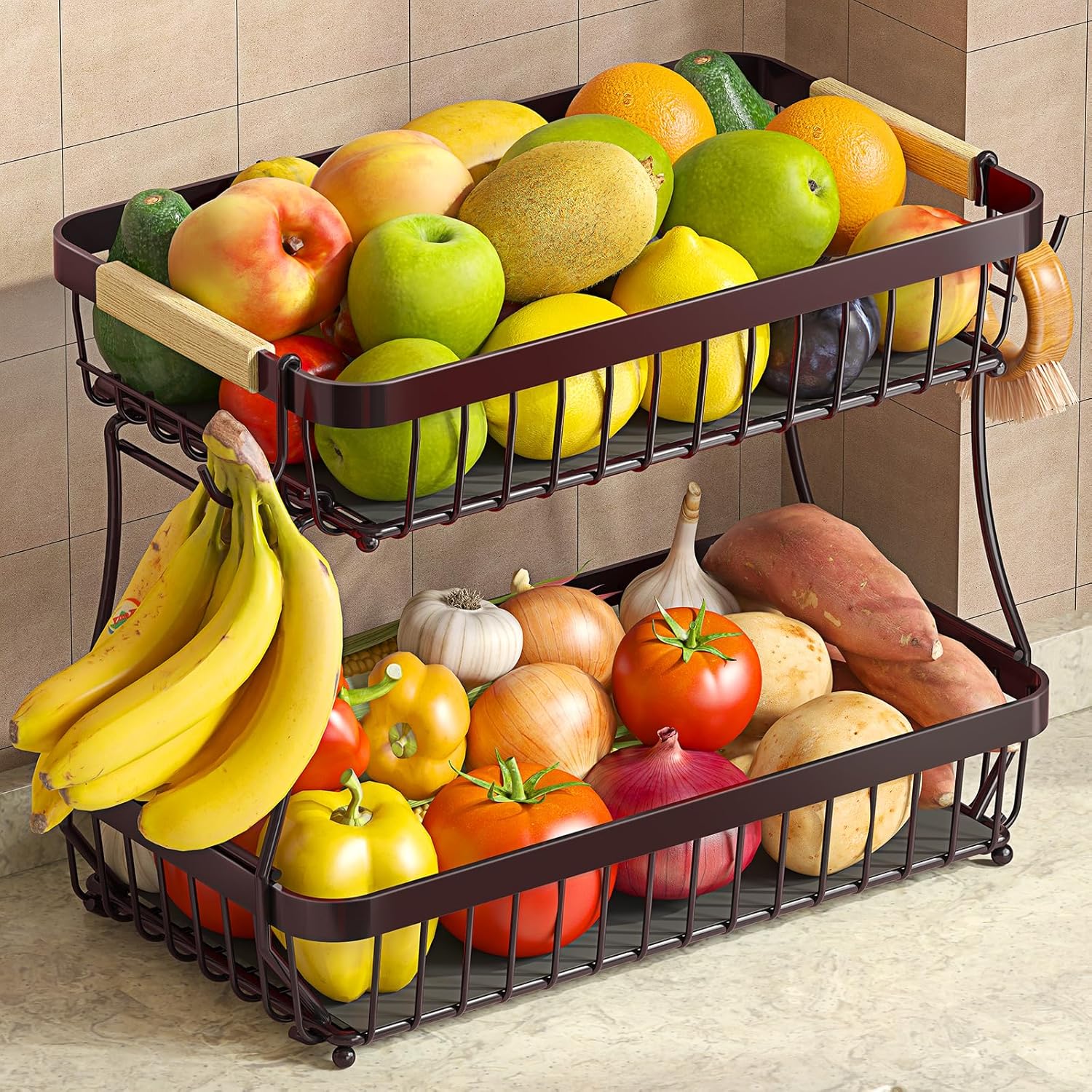Sevenblue 2-Tier Fruit Basket with Banana Hangers, Detachable Metal Bowl