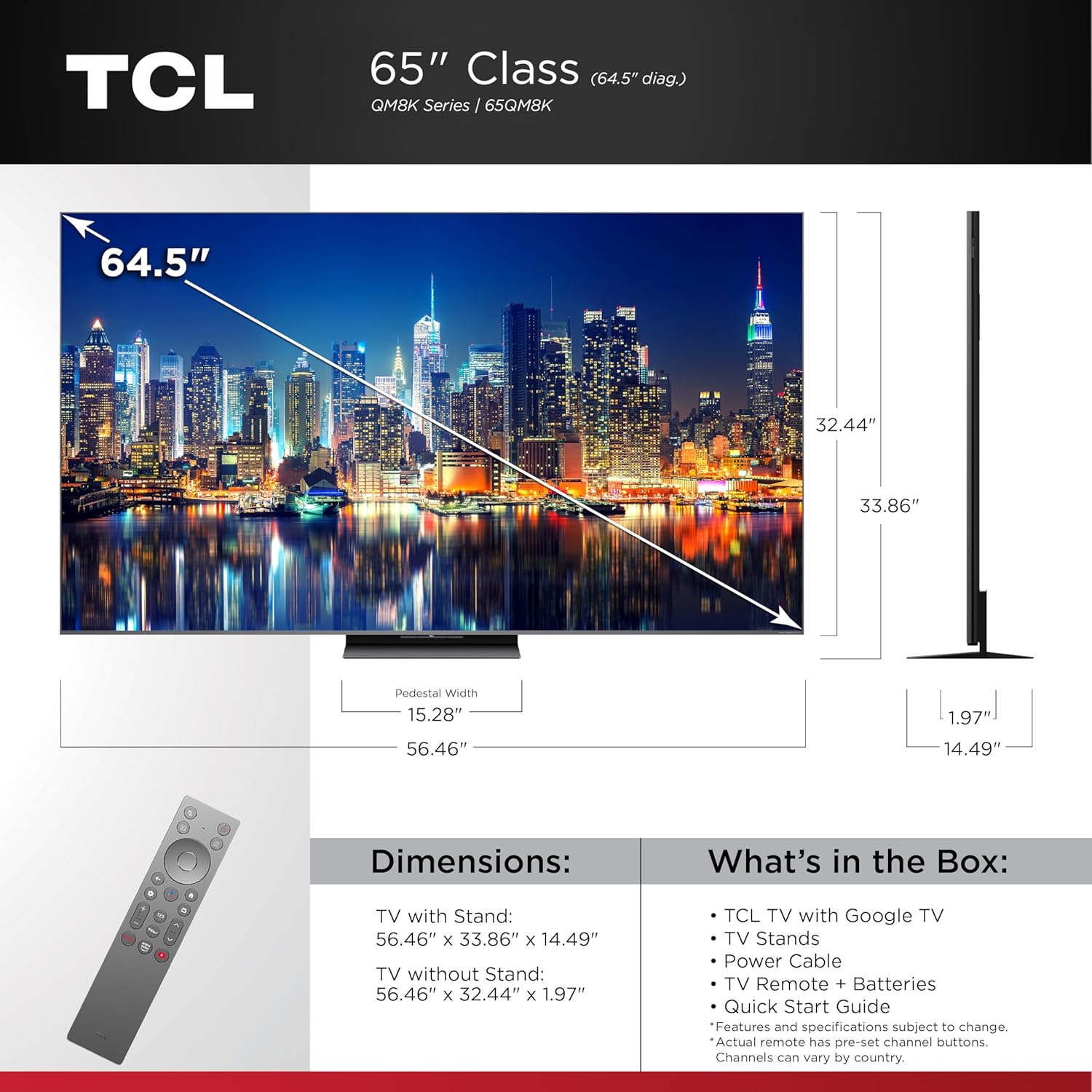 TCL 65 Inch Class QM8K Series | Mini LED QLED 4K HDR | 65QM8K  2025 Model | 120HZ-144HZ Anti Reflective Wide Angle Screen Smart Google TV Dolby Atmos | Voice Remote Alexa Gaming Streaming Television