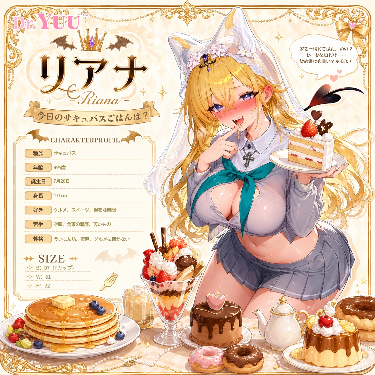 サキュバスヒロインのプロフィールを添えたDr.YUU元気サキュバス口型オナホール画像。