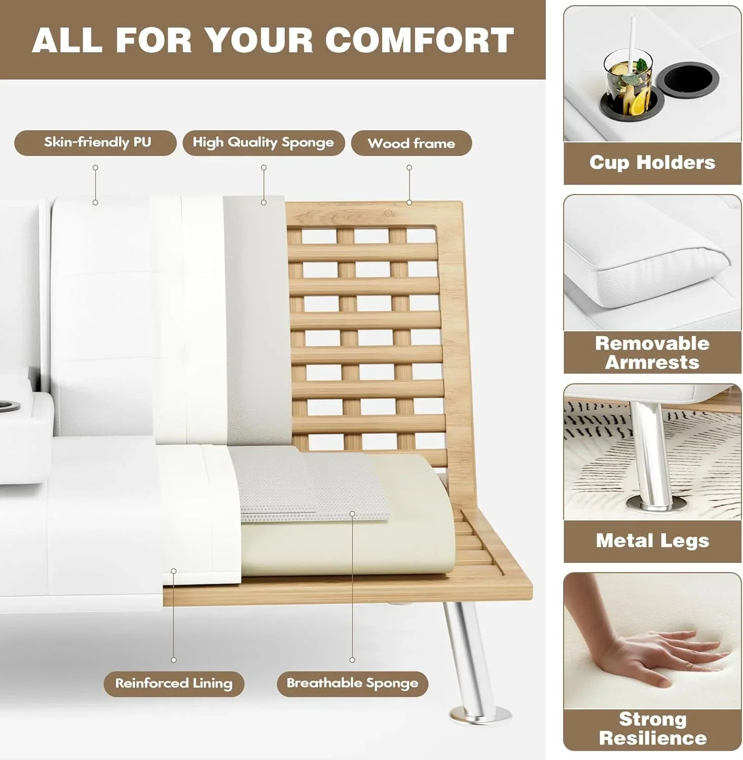 Canapé-lit futon Homall en cuir avec accoudoirs et fauteuil inclinable réglable