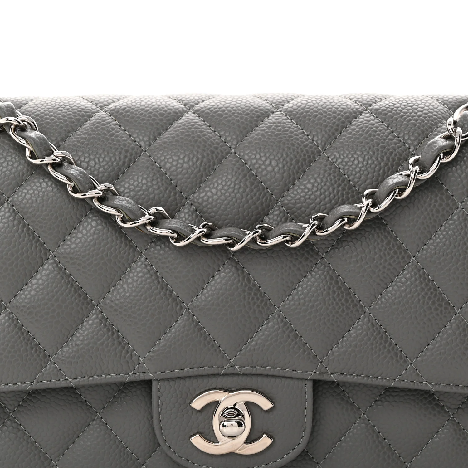 Caviar Quilted Medium Double Flap Grey