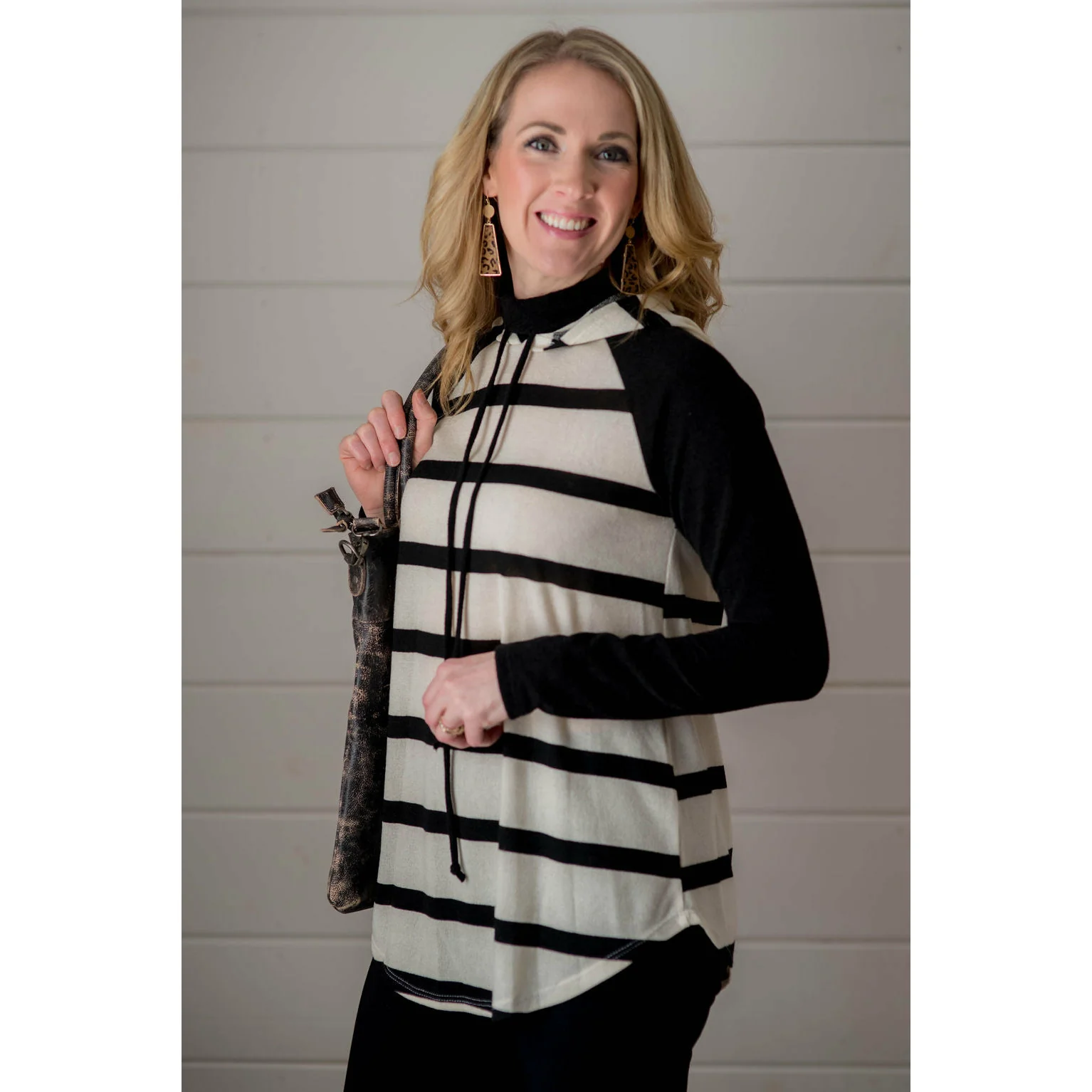 Striped Mock Neck Hoodie - Black