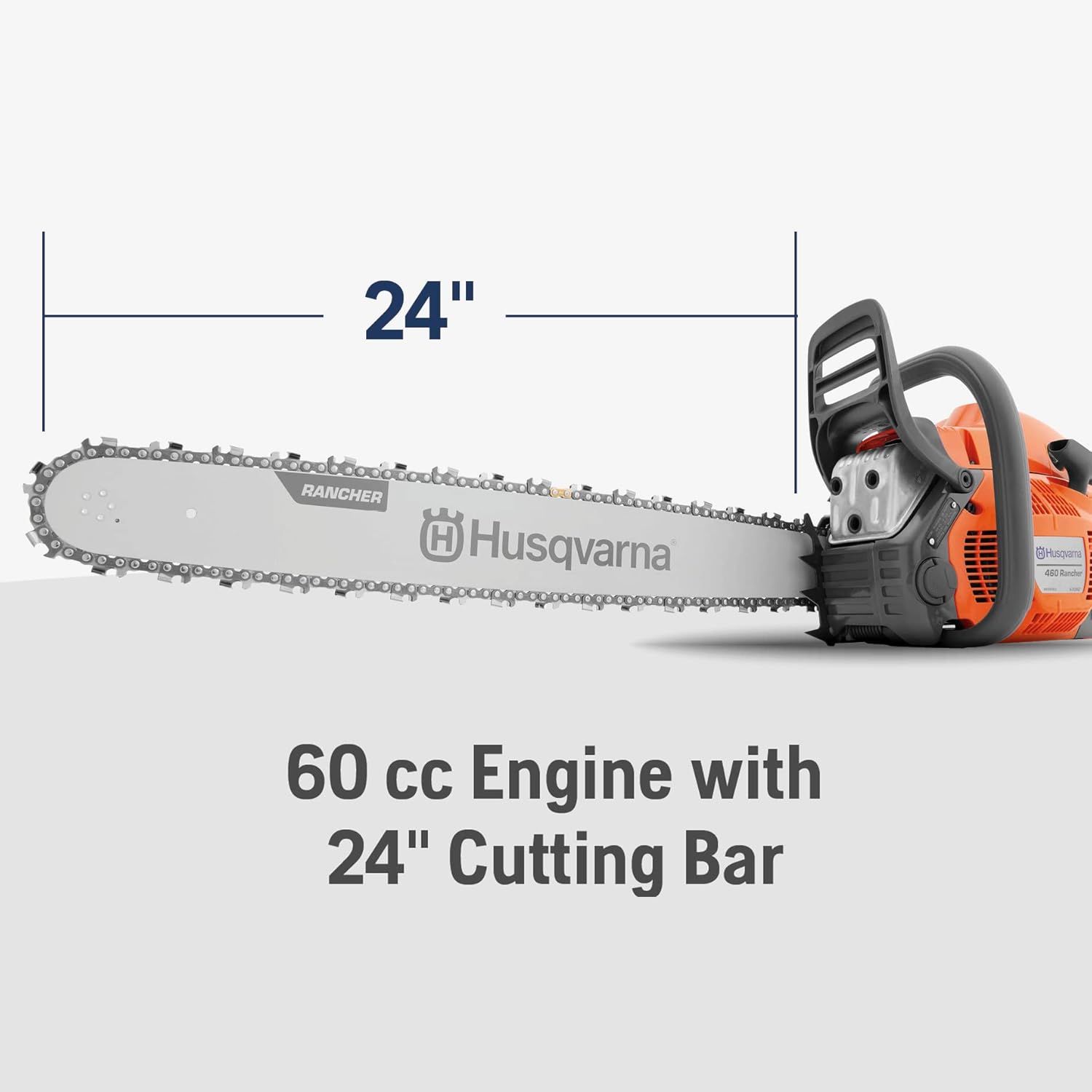 Tronçonneuse à essence Rancher 460 (2025), moteur X-Torq 2 temps de 60,3 cm³ et 3,6 CV, tronçonneuse de 61 cm (24 pouces) avec pompe à huile à réglage automatique, pour la coupe du bois, l'élagage et le débroussaillage.