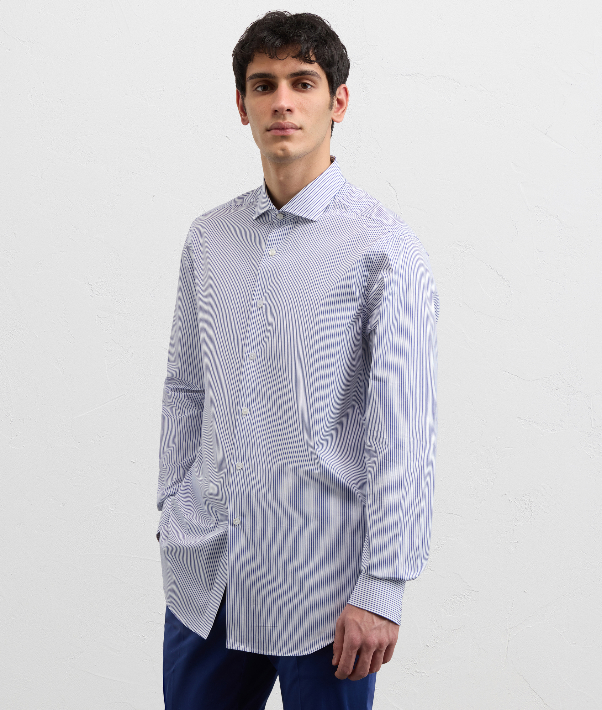 BLUE COTTON STRIPED SHIRT WITH SMALL TORINO COLLAR AND STANDARD CUFF