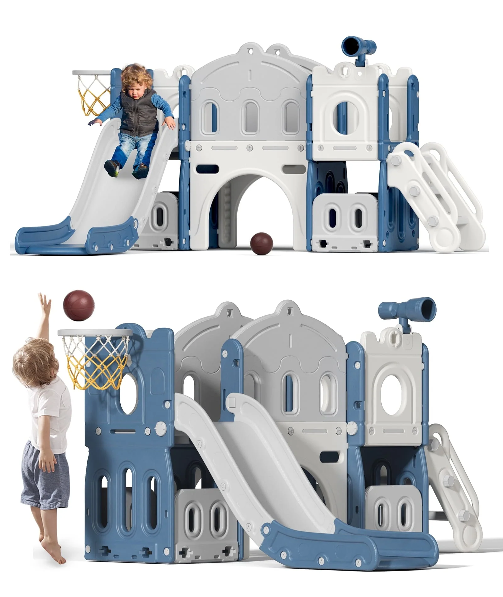 KORIMEFA 8 in 1 Kids Slide Set with Climber, Toddler Climber Slide Play Set with Basketball Hoop, Tunnel, Toddler Playground Outdoor Indoor Layground Slide Playset Age 1+
