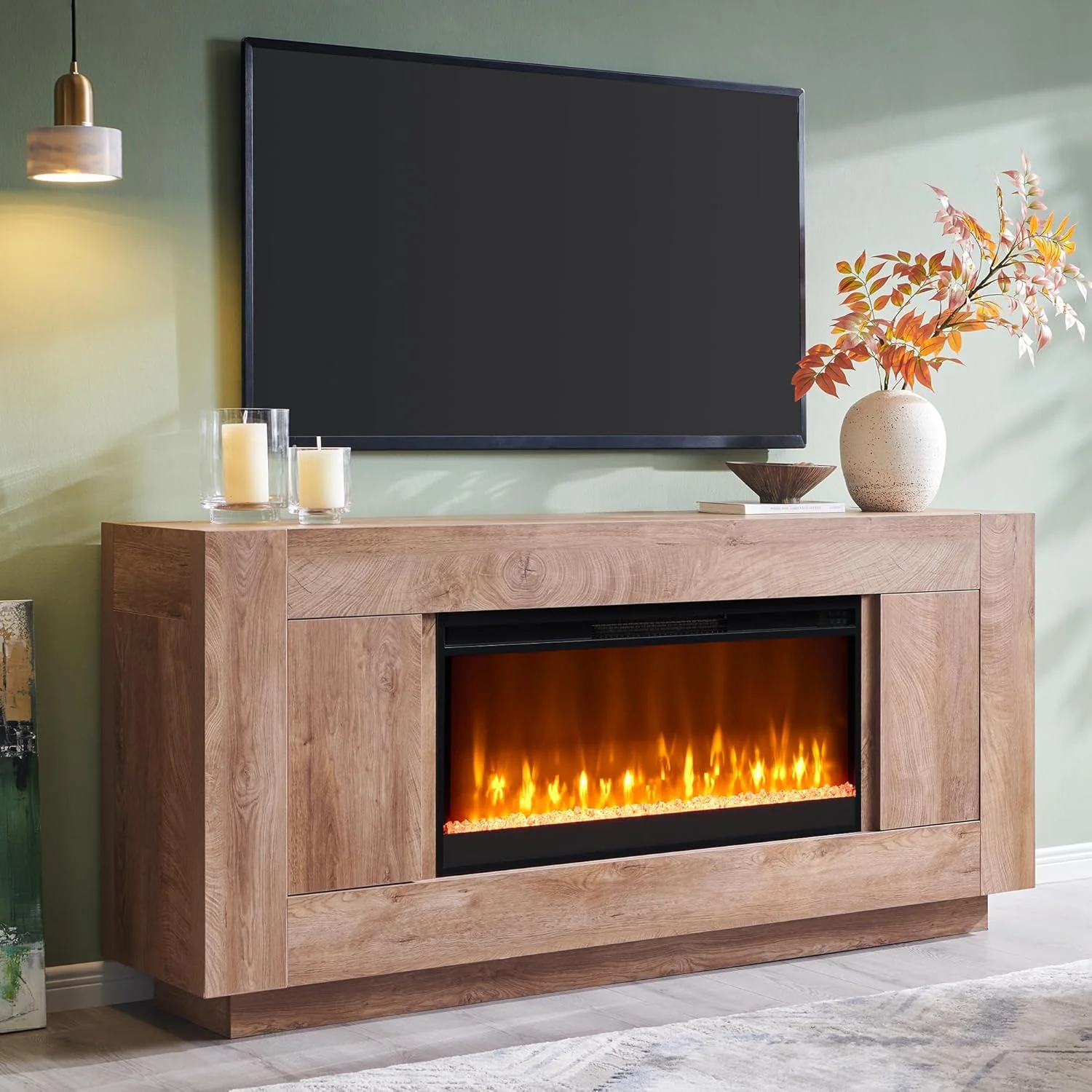 Meuble TV moderne OKD avec cheminée électrique de 91 cm (36 pouces) et centre de divertissement intégré
