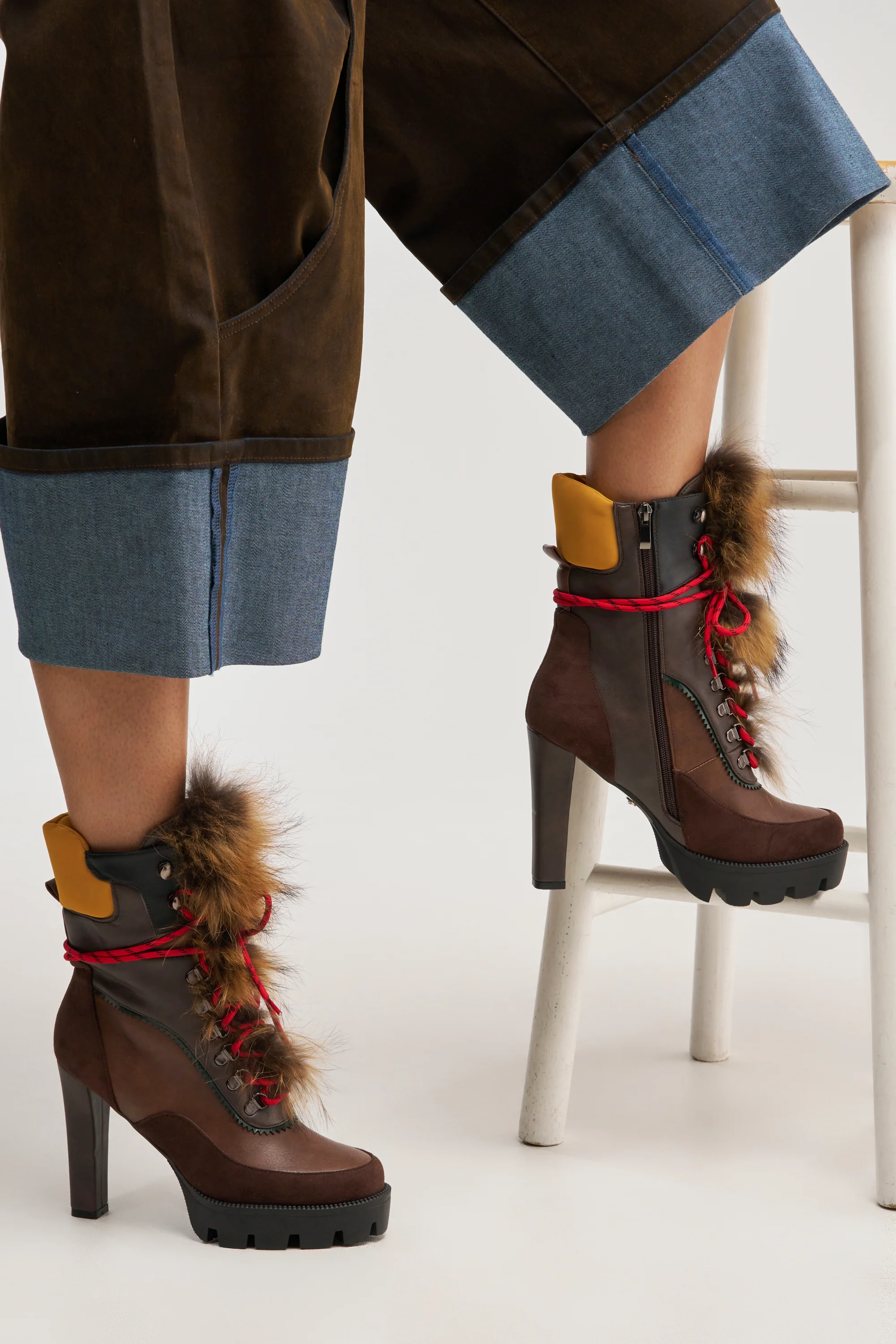 AKIRA GOLD SNUG BROWN MULTI FUR COMBAT BLOCK HEEL - Akira Store