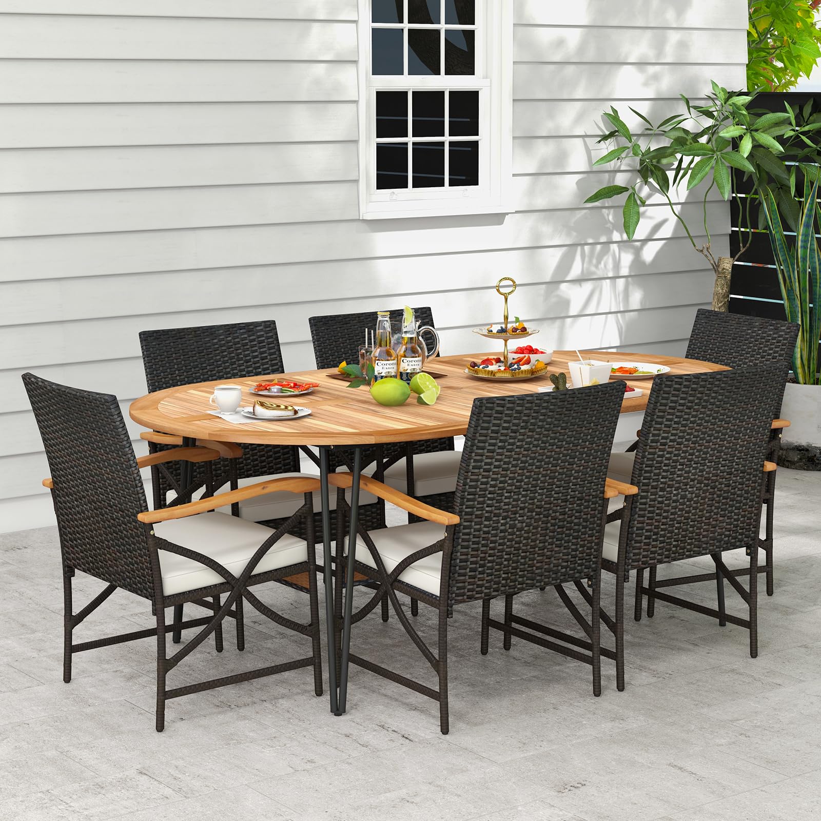 Tangkula 9 Pieces Patio Rattan Dining Set, Outdoor Oval Acacia Wood Dining Table and 8 Patio Wicker Armchairs Set with Umbrella Hole