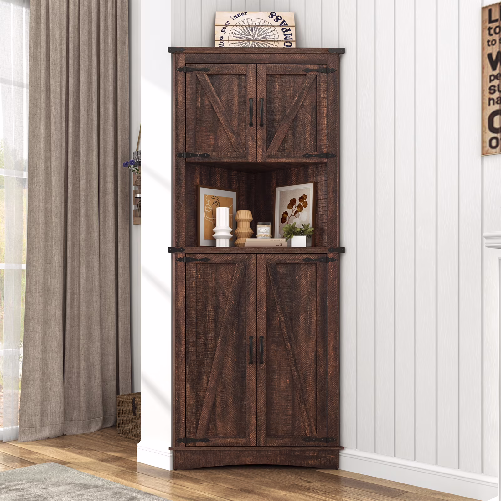 68" Tall Farmhouse Corner Cabinet with 4 Doors, 28.3" W Barn Door Storage Cabinet with Adjustable Shelves, 5 Tier Corner Storage Cabinet for Bathroom,Living Room,Kitchen(28.3" Wide/White-Brown) - Image 5
