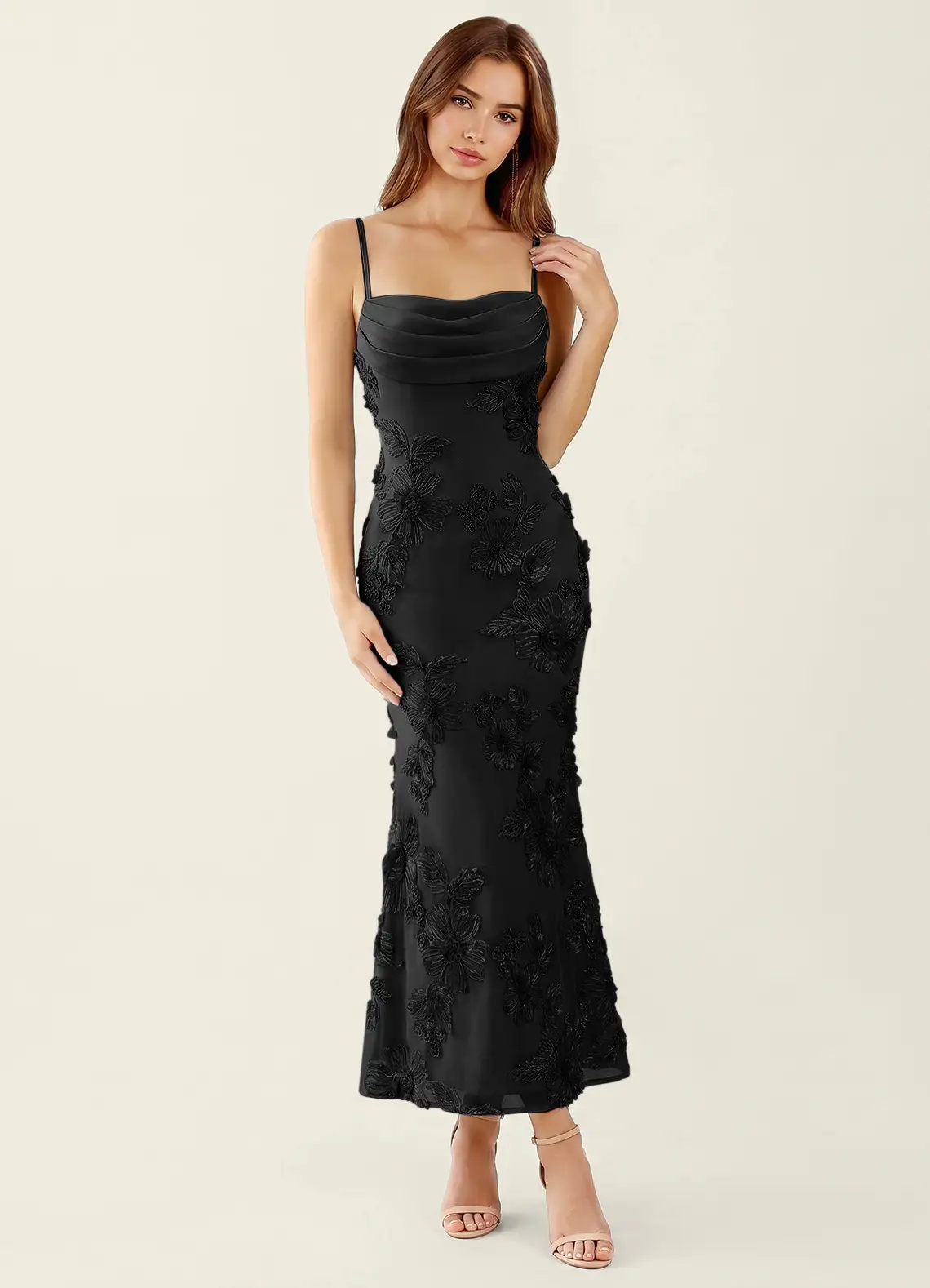 Floriane Black 3D Flowers Corset Mermaid Lace Up Back Maxi Dress