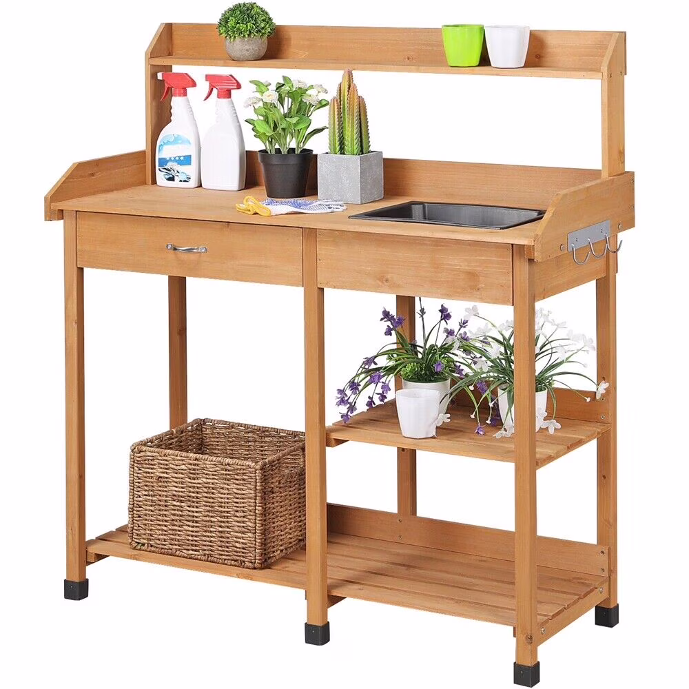 DEXS Garden Potting Bench Table, Outdoor Solid Wood Work Station, Sturdy Construction for Gardening Tasks, Ideal for Planting, Repotting, and Organizing Tools Removable Sink | Natural Wood