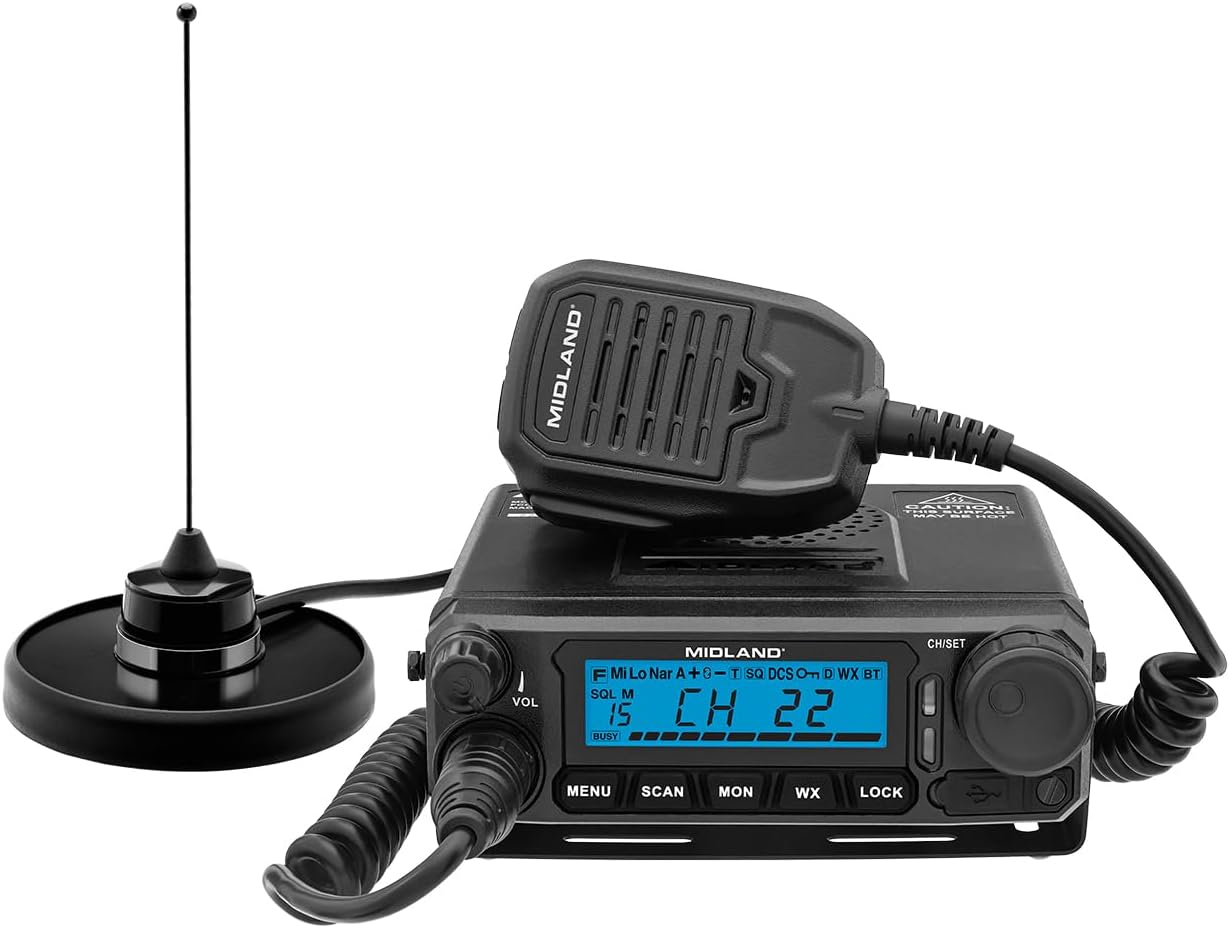 Midland MXT500 50-Watt GMRS Mobile Radio - for Farms  Ranches  Overlanding  Trails  and Off-Roading - 8 Repeater Channels  Compact Design  External Magnetic Mount  2.1dB Unity Gain Antenna