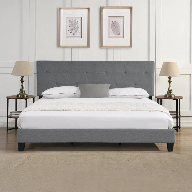 King Size Upholstered Platform Bed with Button-Tufted Linen Headboard