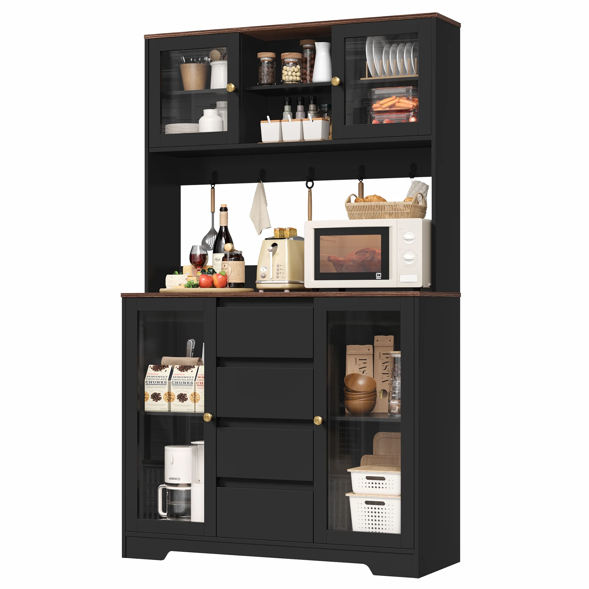 71'' Pantry Hutch with Cabinet Drawers for Kitchen, Glass Doors Storage Cabinet with Adjustable Shelves for Dining Room, Black(Black) Image 3