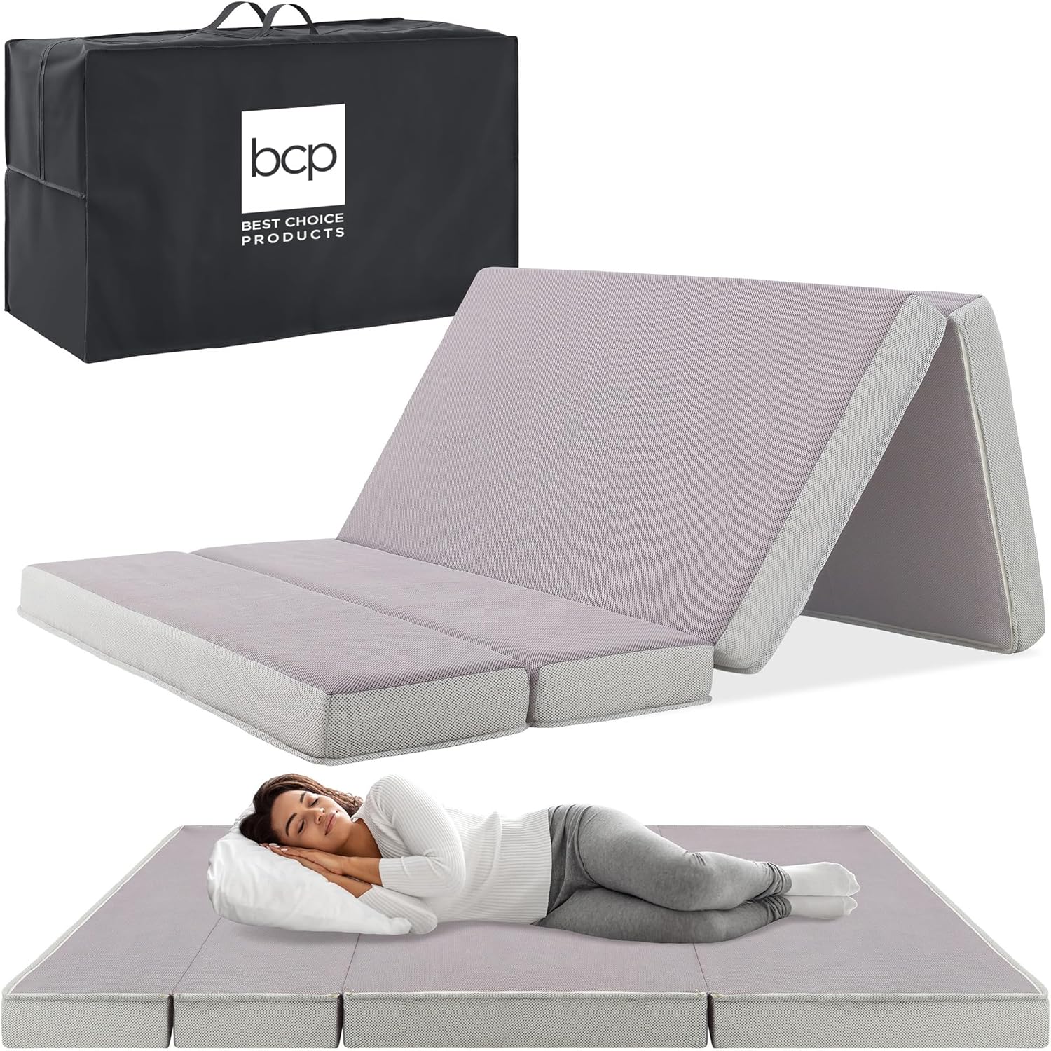 Matelas portable Best Choice Products 10 cm (4 po) pour lit queen-size, pliable en trois parties, idéal pour le camping, les invités et les tout-petits. Mousse moelleuse avec housse de transport - Gris