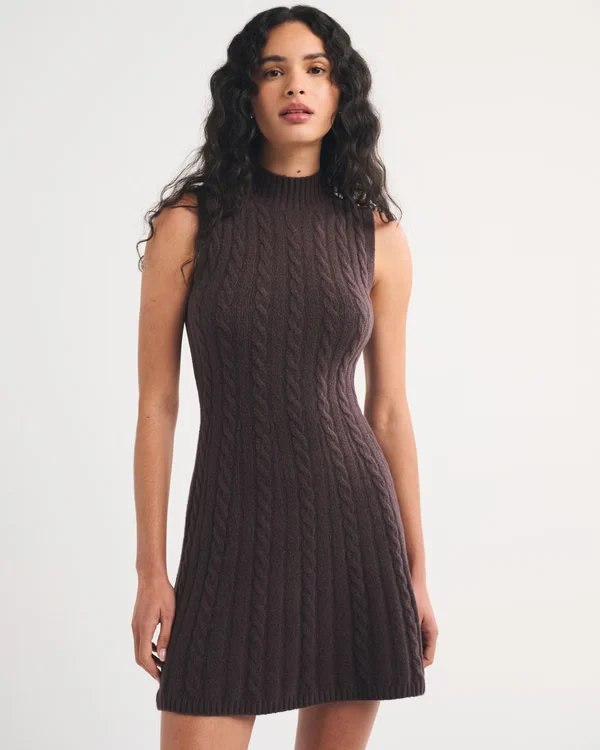 Mock Neck Cable Mini Sweater Dress - Dark Brown