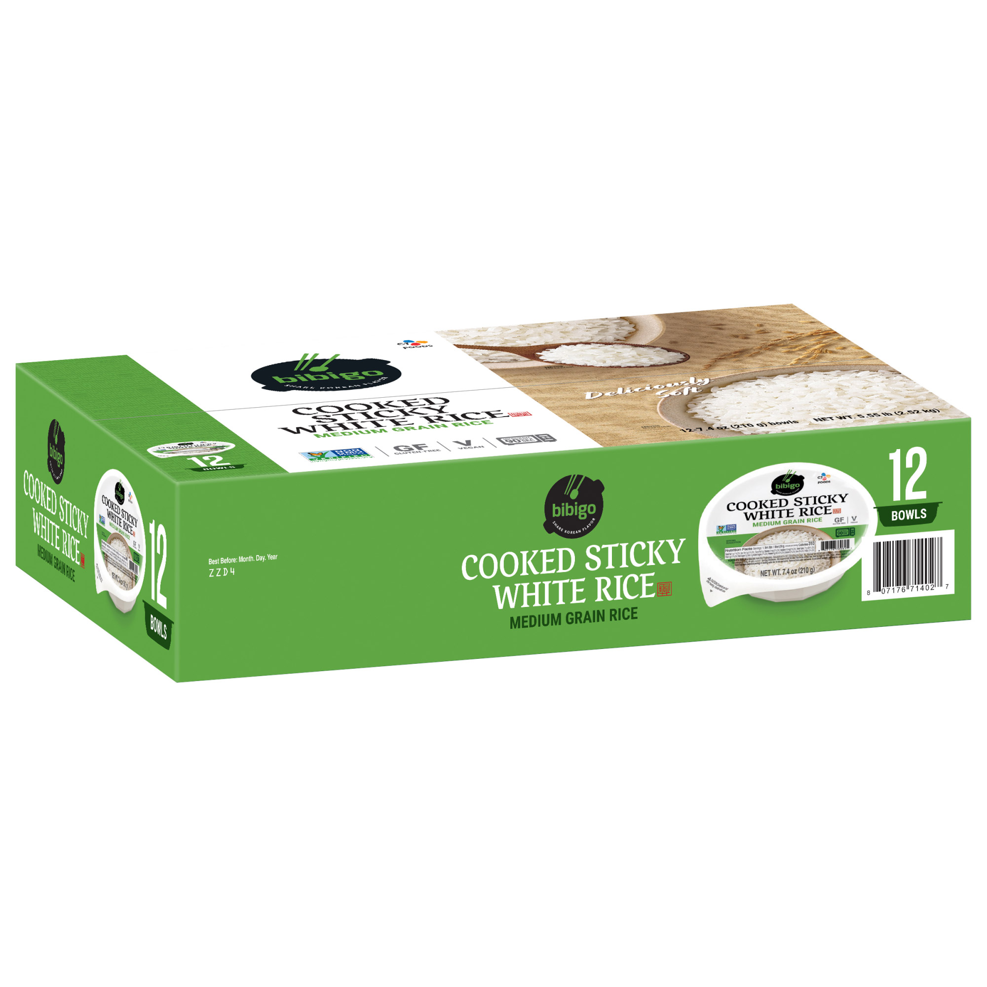 Bibigo, Cooked Sticky White Rice Bowls, Medium Grain, 7.4 oz, 12 - Count