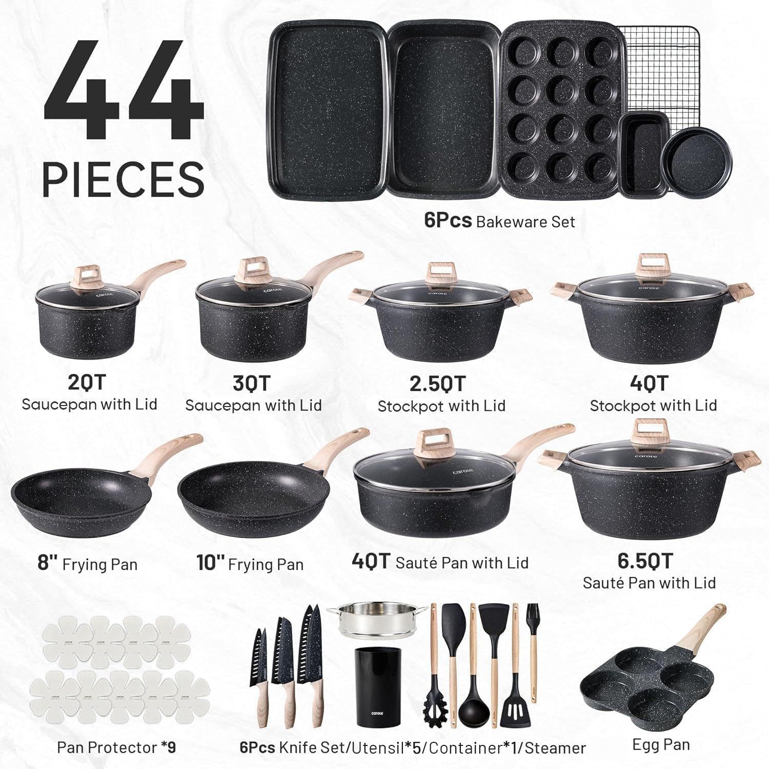 CAROTE 44pcs Nonstick Cookware Sets, Pots and Pans Set with Bakeware