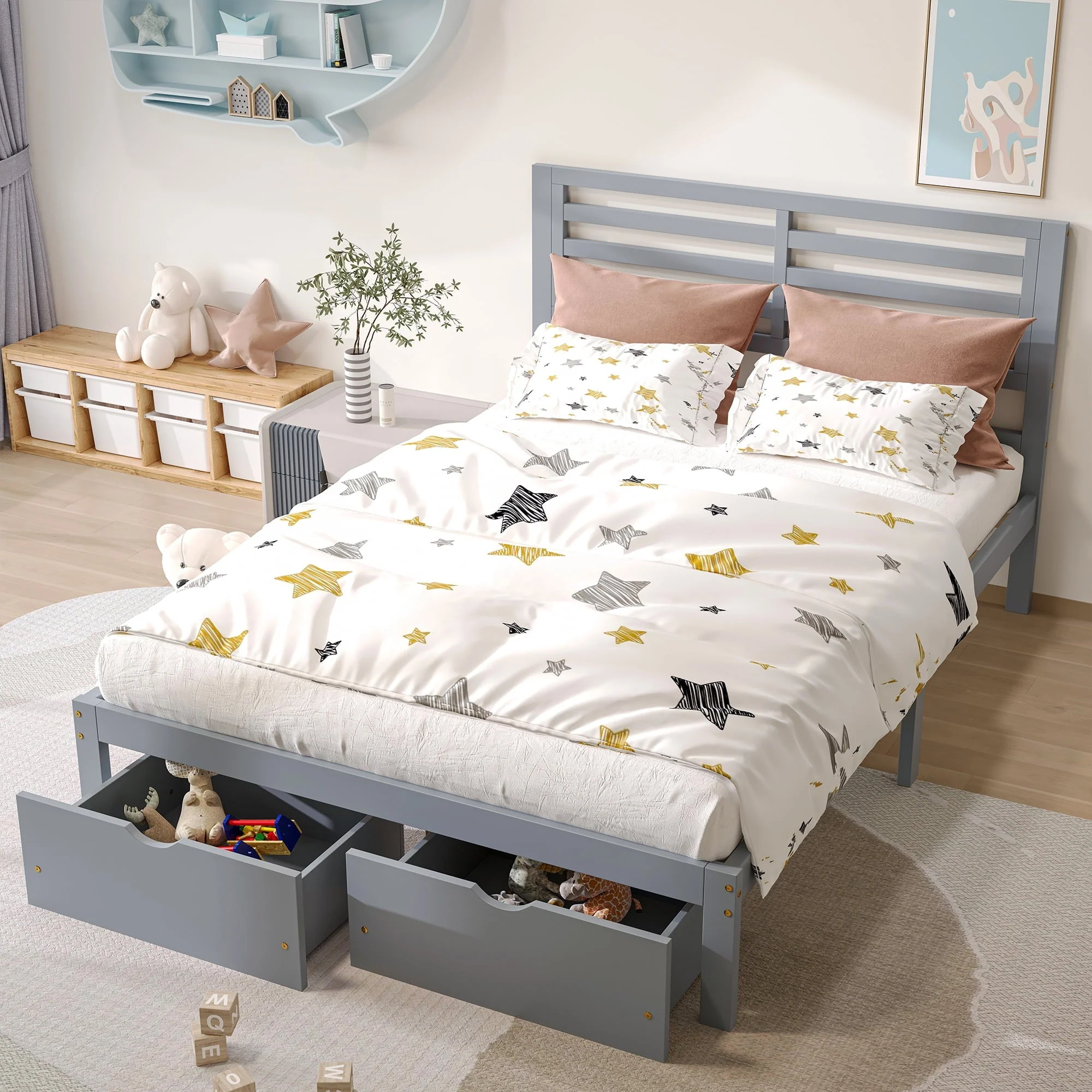 Platform Bed Frame Storage Bed with Headboard, Pine Wood Full Bed Frame for Bedroom, Modern Full Size Bed Frame with Drawers, Wood Slats Support, Holds 400 lb, No Box Spring Needed, Gray(Twin/Gray) - Image 2