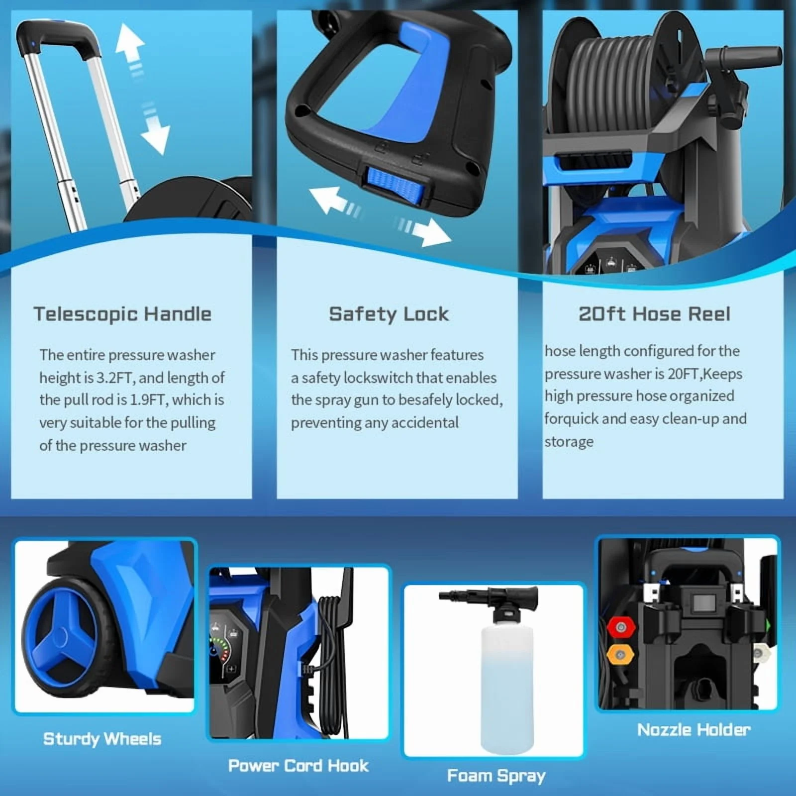 Electric Pressure Washer 5000PSI-Max 3.6GPM Power Washer Touch Screen Adjustable Pressure,4 Nozzles and 500ml Foam Cannon Power Washer Cleaning for Patio Blue(5000 psi) - Image 6