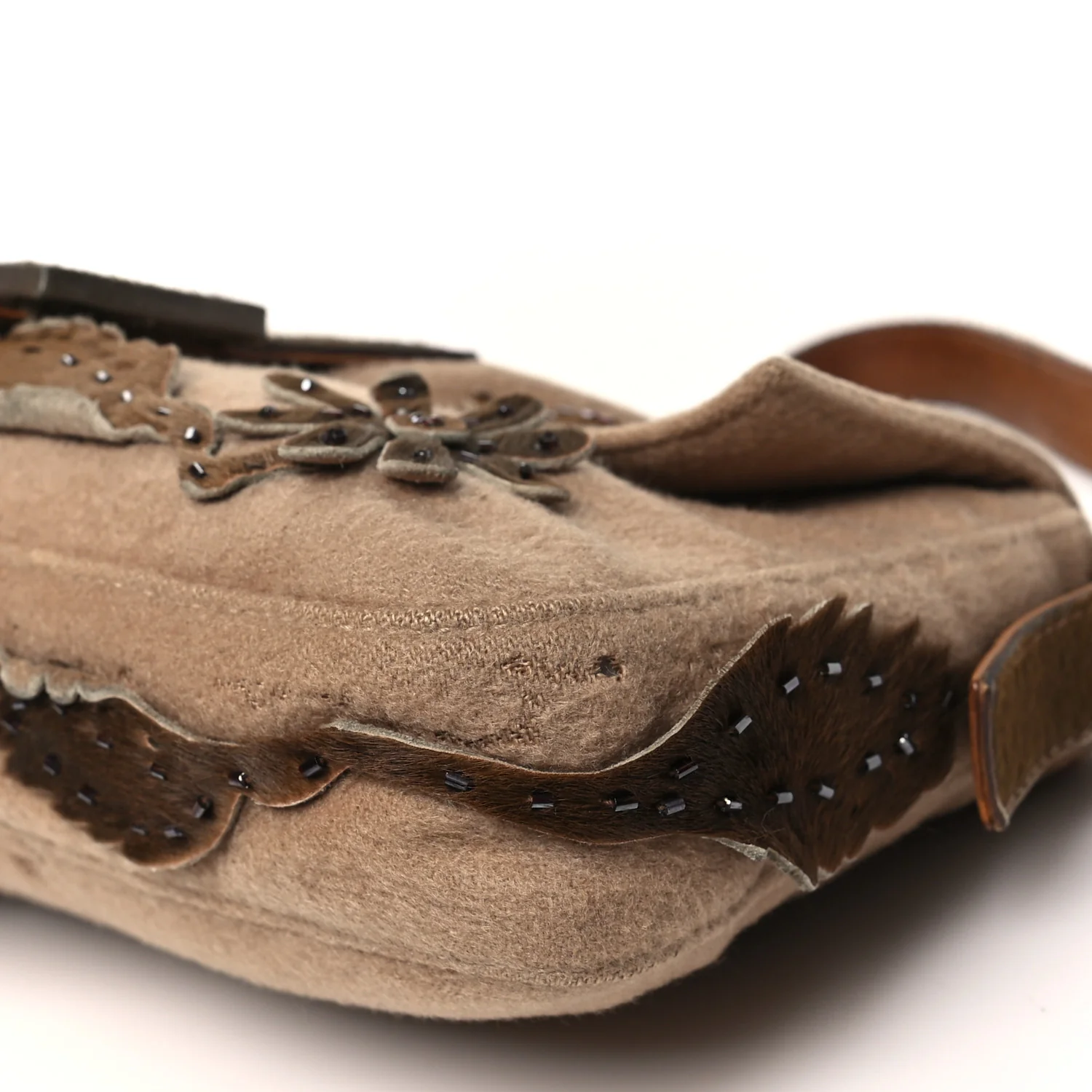 Wool Pony Hair Flower Applique Baguette Brown