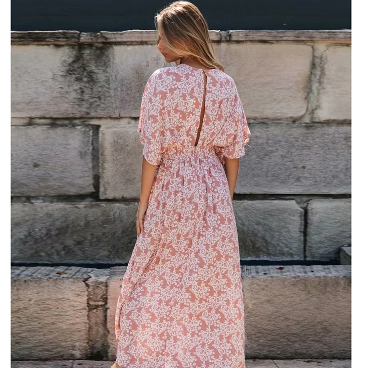Robe midi bohème fendue rose poudré