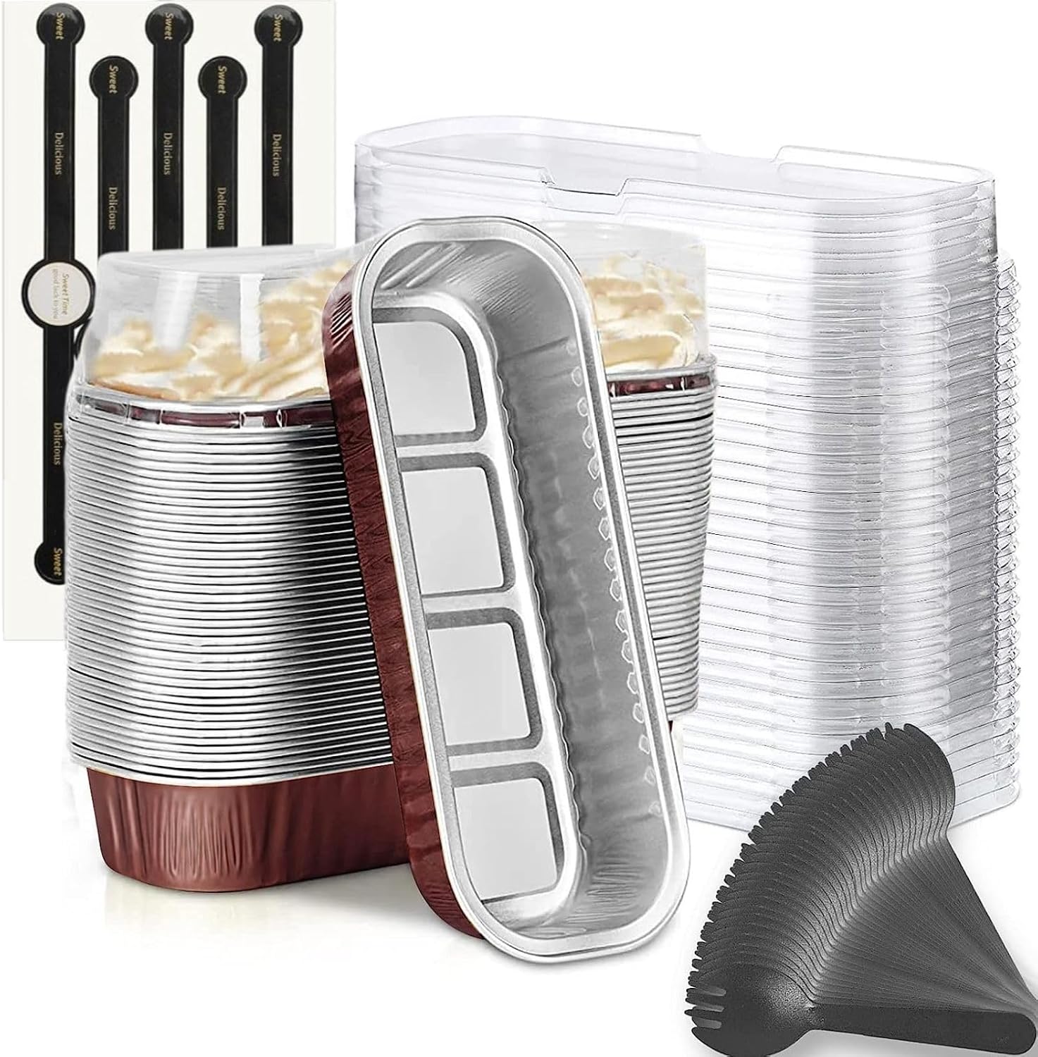 Findful Mini Loaf Baking Pans with Lids and Spoons (50 Pack, 6.8oz) Rectangular Aluminum Foil Baking Pans Tins Containers - Cupcake Containers Wrappers Cheesecake Creme Brulee Ramekins