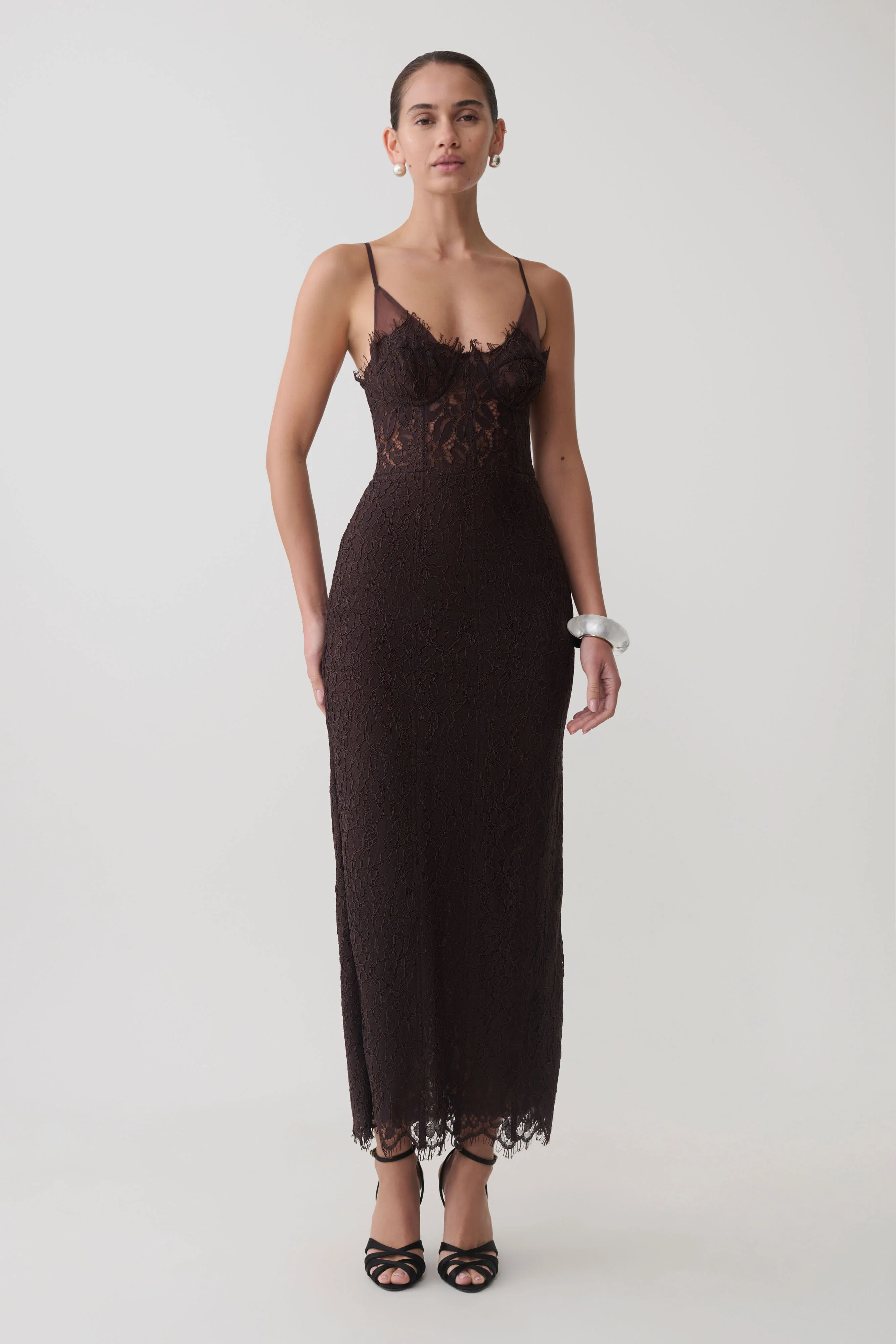 Ottilie Lace And Mesh Midi Dress - Dark Chocolate