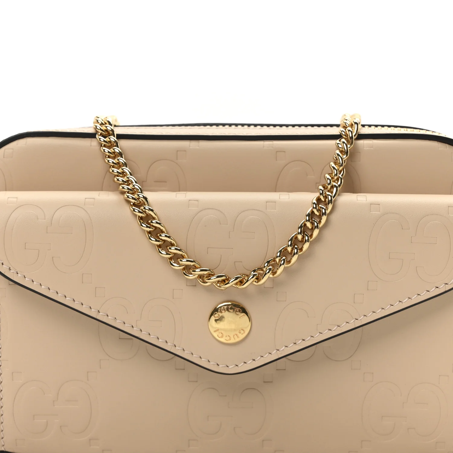 Calfskin GG Super Mini Debossed Chain Wallet Light Beige