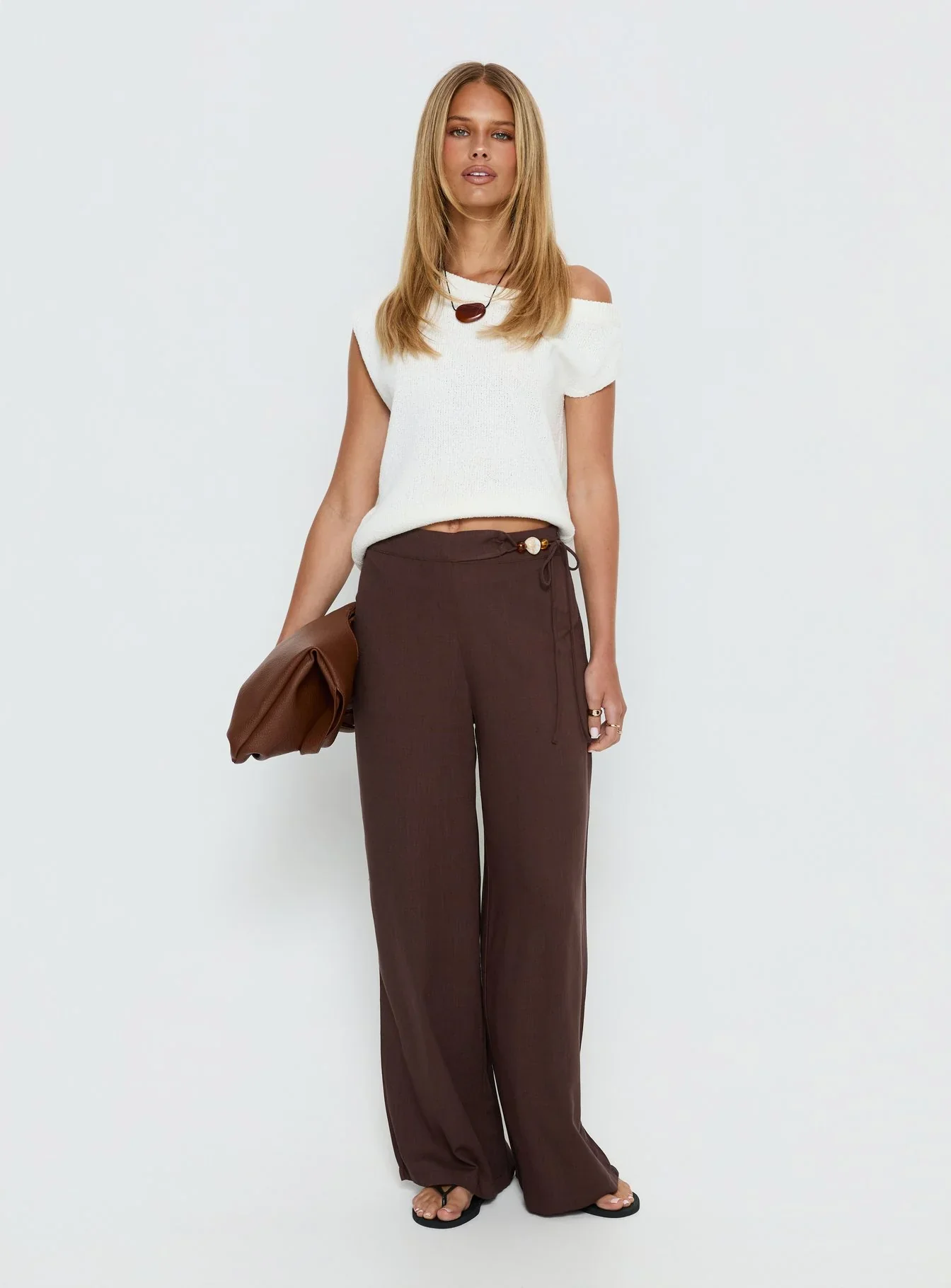 Pine For You Bead Detail Linen Pant Brown