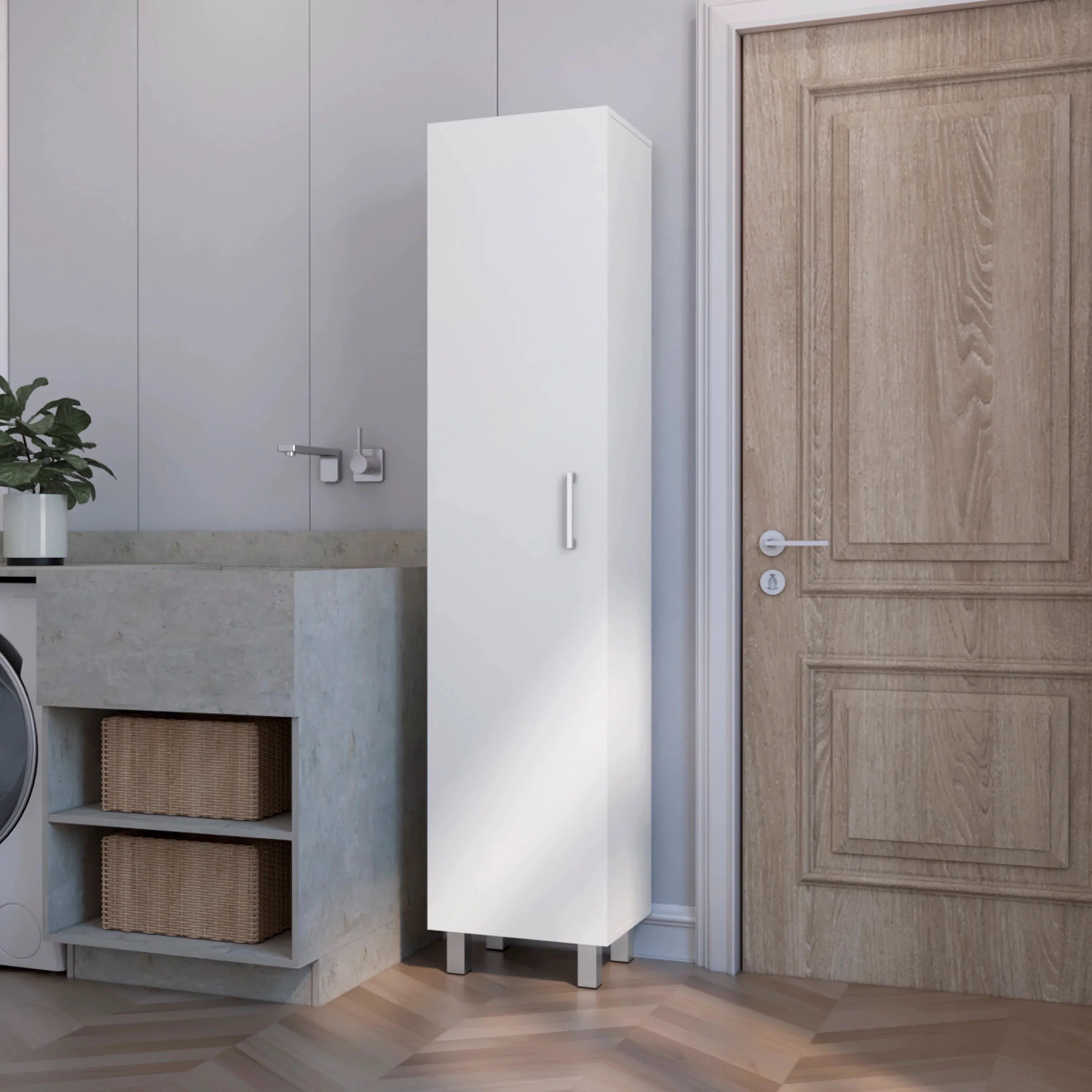 Clarno Tall Storage Cabinet, Single Door with Broom Hangers,White Image 5
