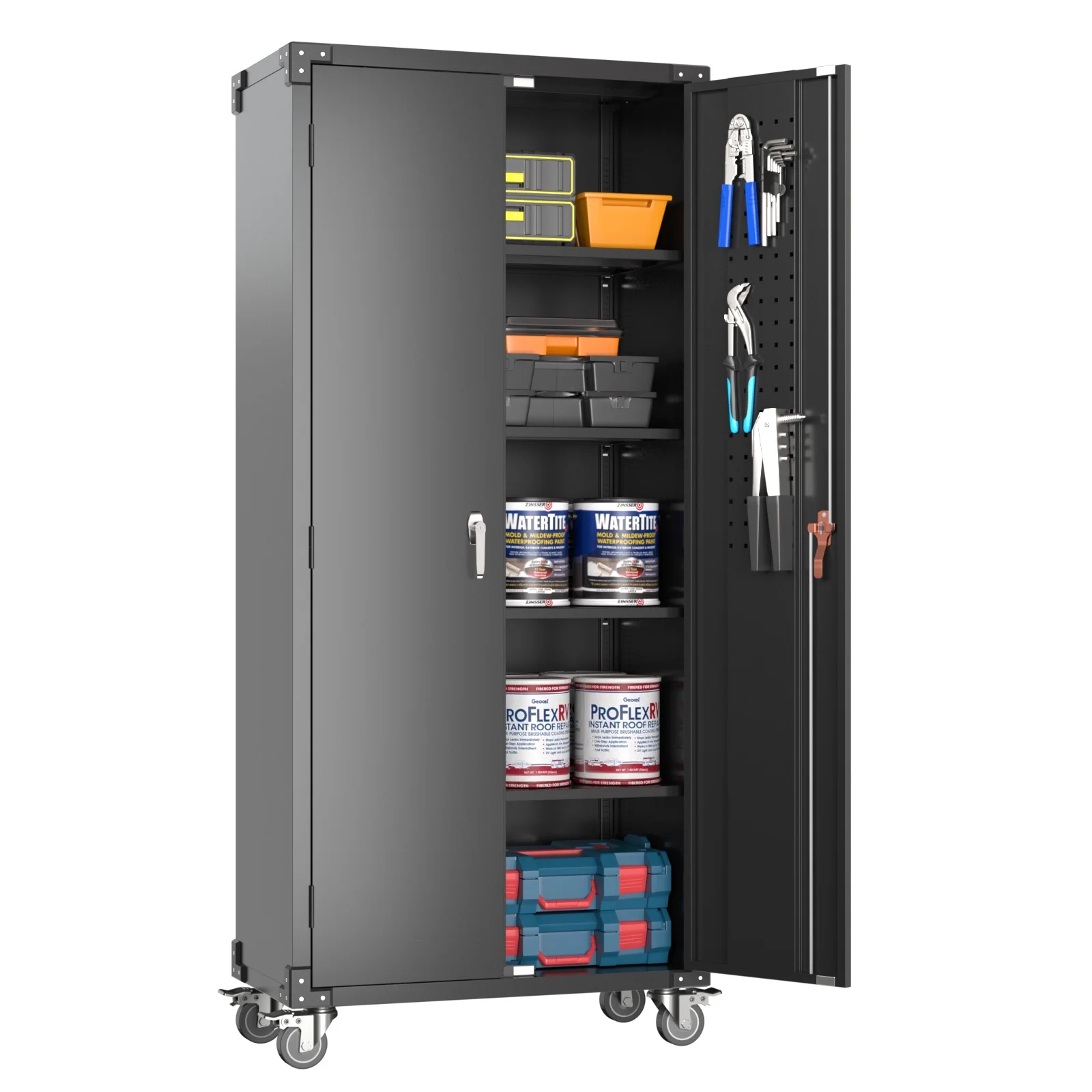 Metal Rolling Storage Cabinet, 72 inch Steel Lockable Cabinet with Multipurpose Pegboard and Adjustable Shelves, Tall Tool Cabinet for Office, Home, Storage, Assembly Required(Black)(72'' Black Cabinet with Pegboard) - Image 9